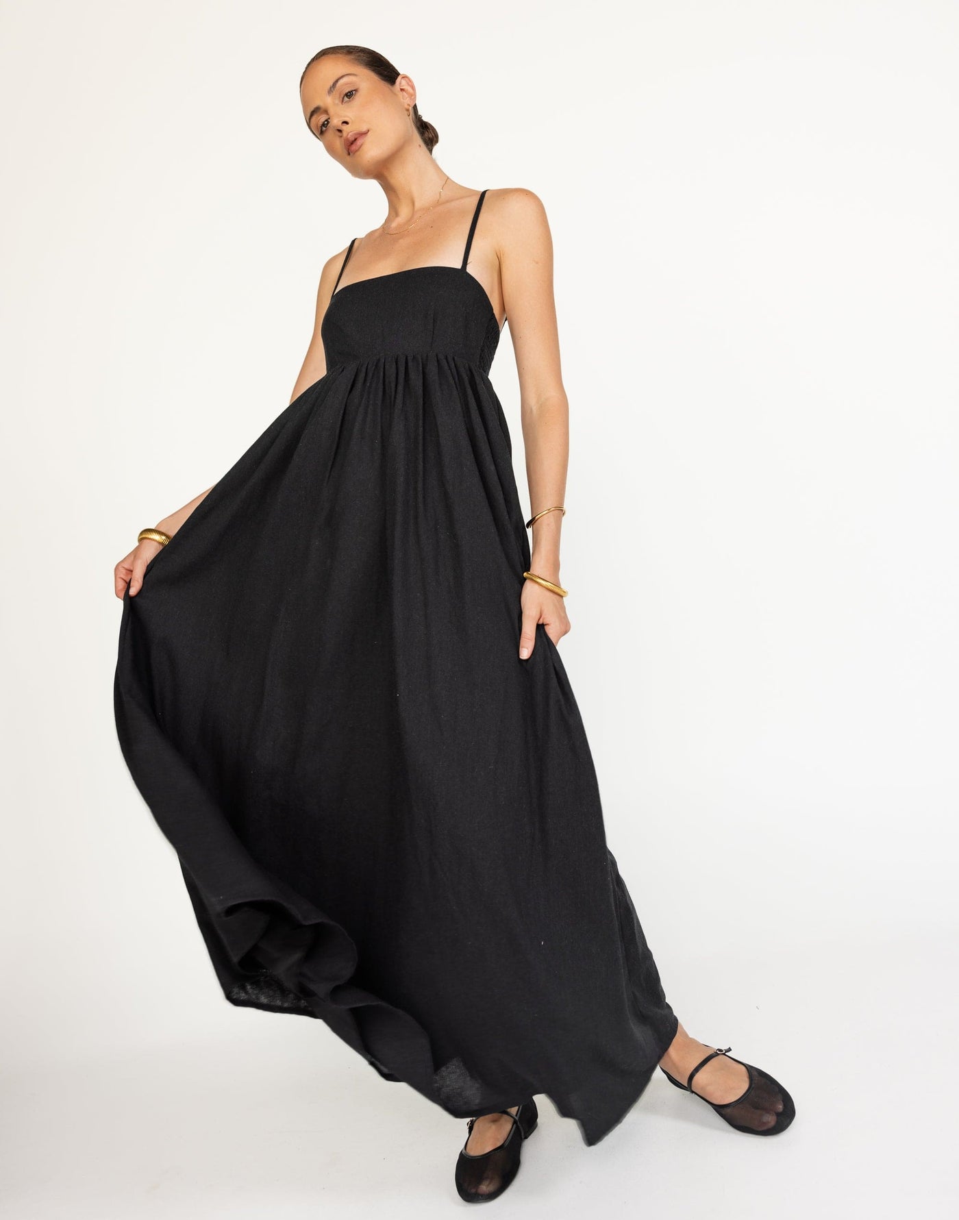 Tarsha Maxi Dress (Black) | CHARCOAL Exclusive - Thin Adjustable Strap Babydoll Style Maxi - Women's Dress - Charcoal Clothing