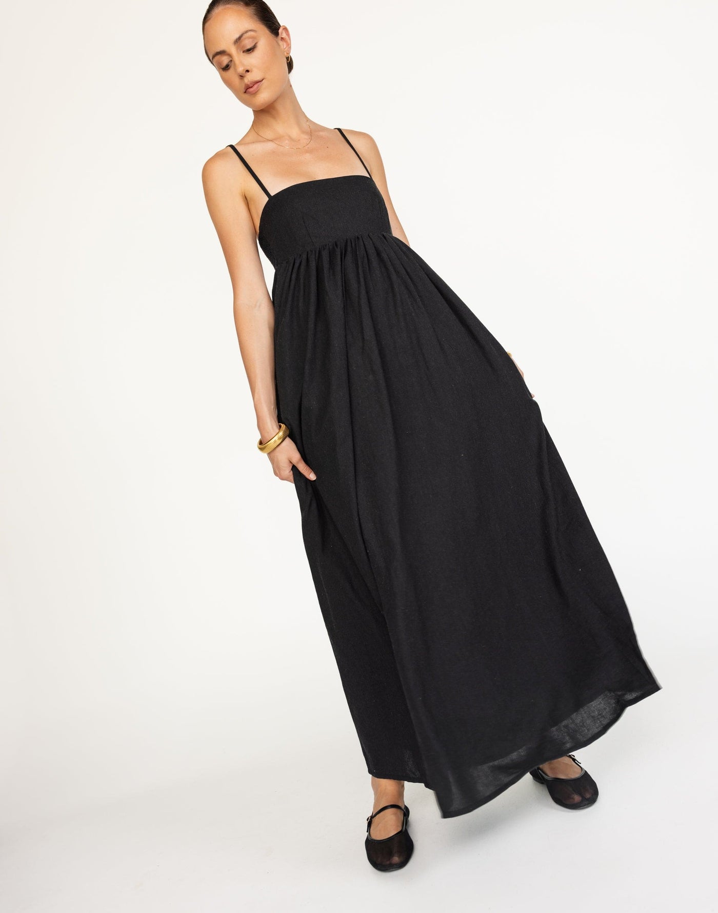 Tarsha Maxi Dress (Black) | CHARCOAL Exclusive - Thin Adjustable Strap Babydoll Style Maxi - Women's Dress - Charcoal Clothing