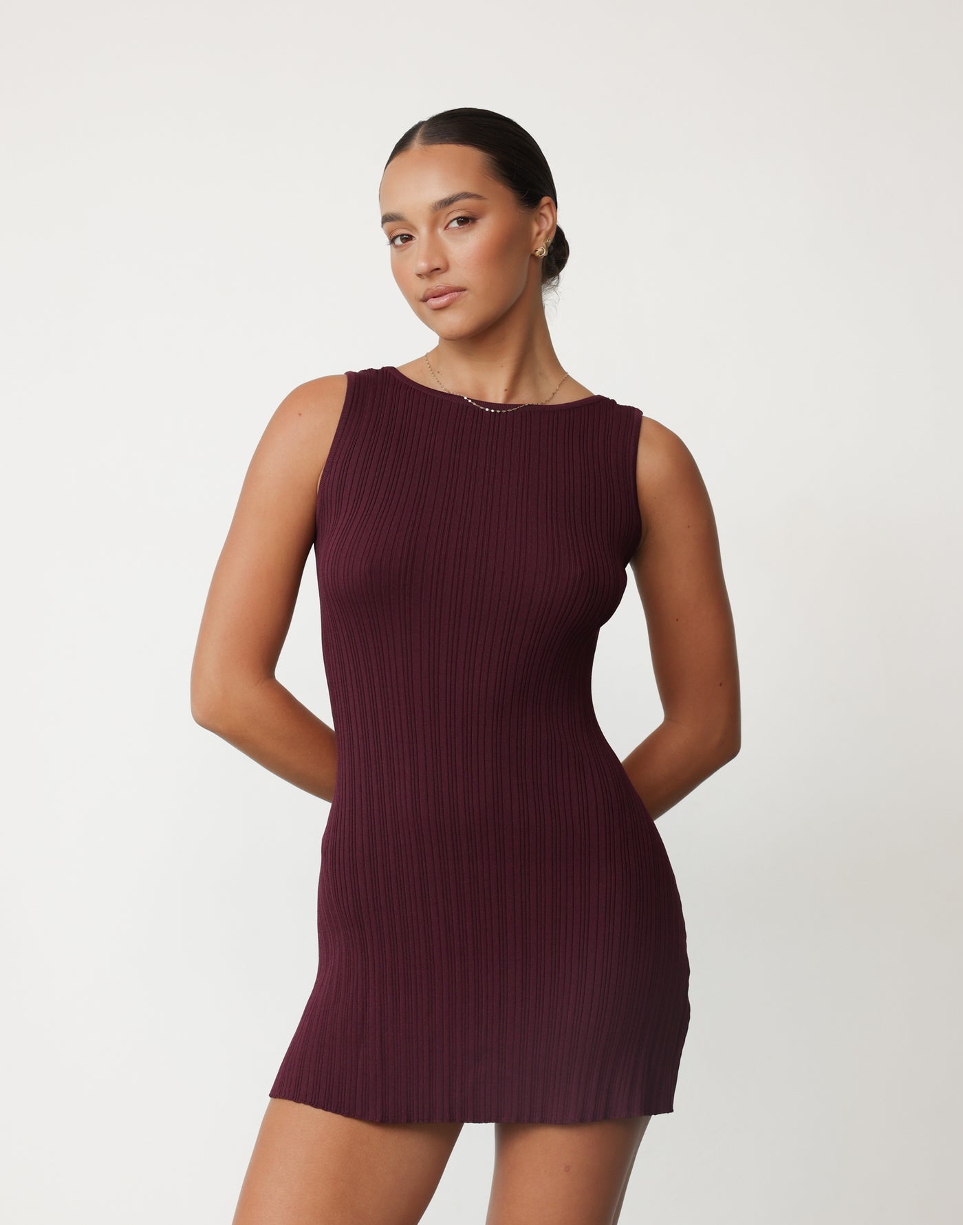 Aylah Mini Dress (Plum) - Backless Ribbed Detail Mini Dress - Women's Dress - Charcoal Clothing