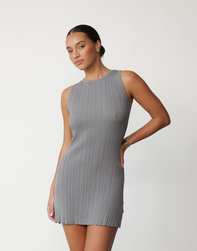 Aylah Mini Dress (Slate) - Backless Ribbed Detail Mini Dress - Women's Dress - Charcoal Clothing