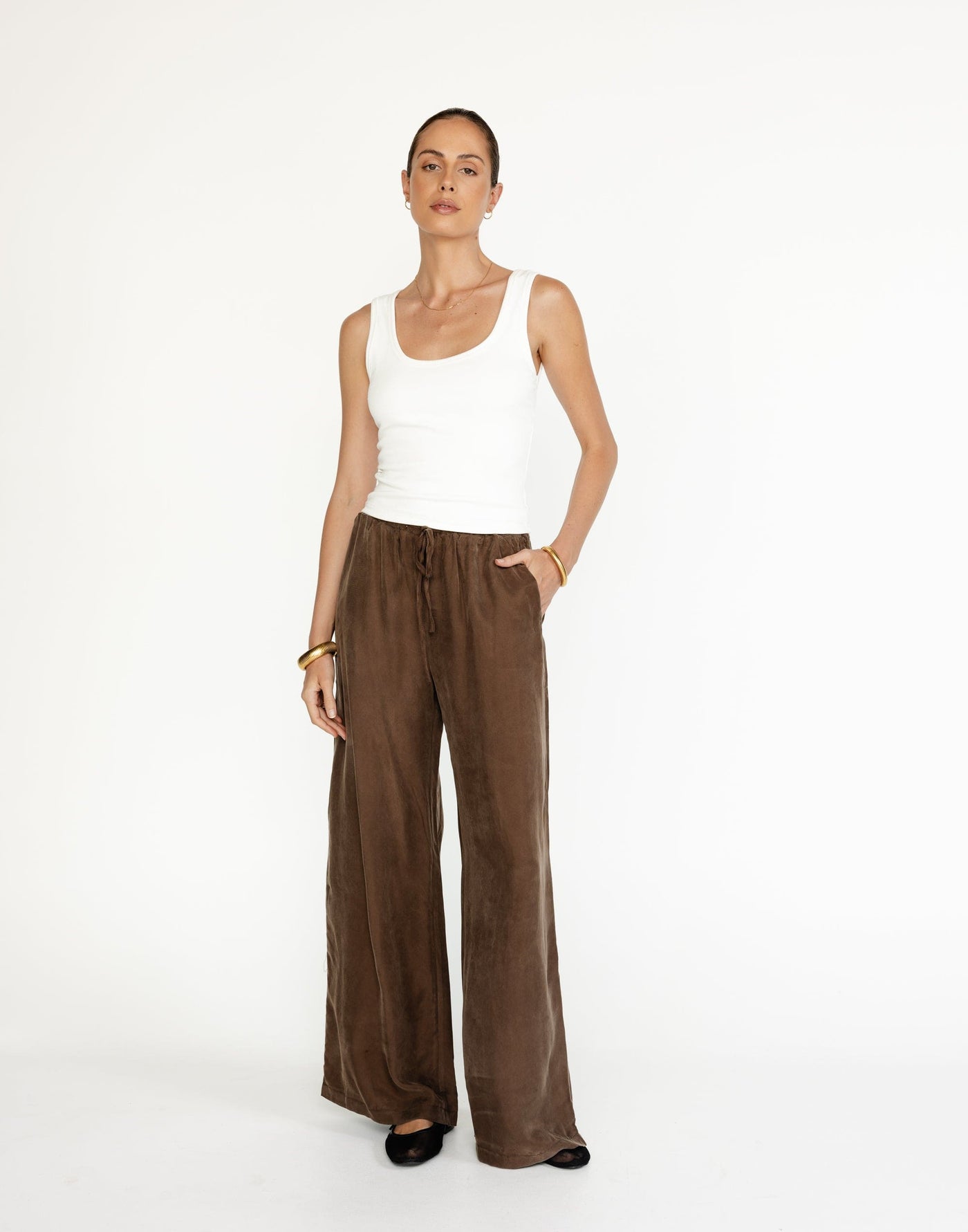 Kendall Pants (Cocoa) - Cupro Adjustable Waist Pants - Women's Pants - Charcoal Clothing