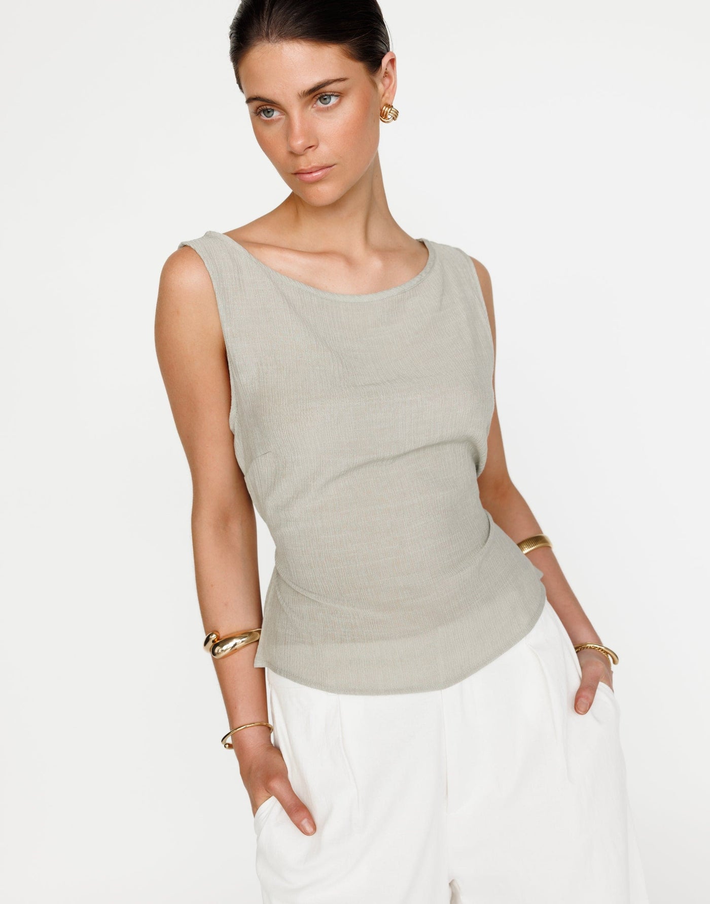 Mariam Top (Seagrass) | CHARCOAL Exclusive - Textured Adjustable Back Tie Top - Women's Top - Charcoal Clothing