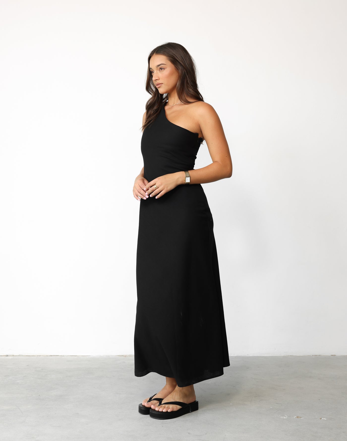 Rema Maxi Dress (Black) | CHARCOAL Exclusive - Asymmetrical Neckline Flared Skirt Linen Blend Maxi - Women's Dress - Charcoal Clothing