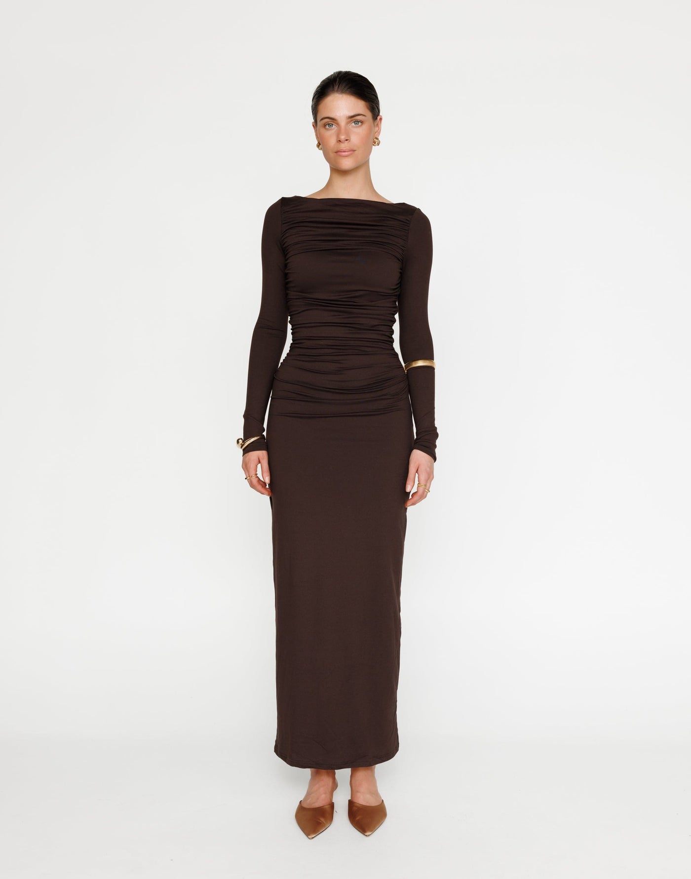 Natasha Maxi Dress (Chocolate) | CHARCOAL Exclusive - High Boatneck Bodycon Maxi Dress - Women's Dress - Charcoal Clothing