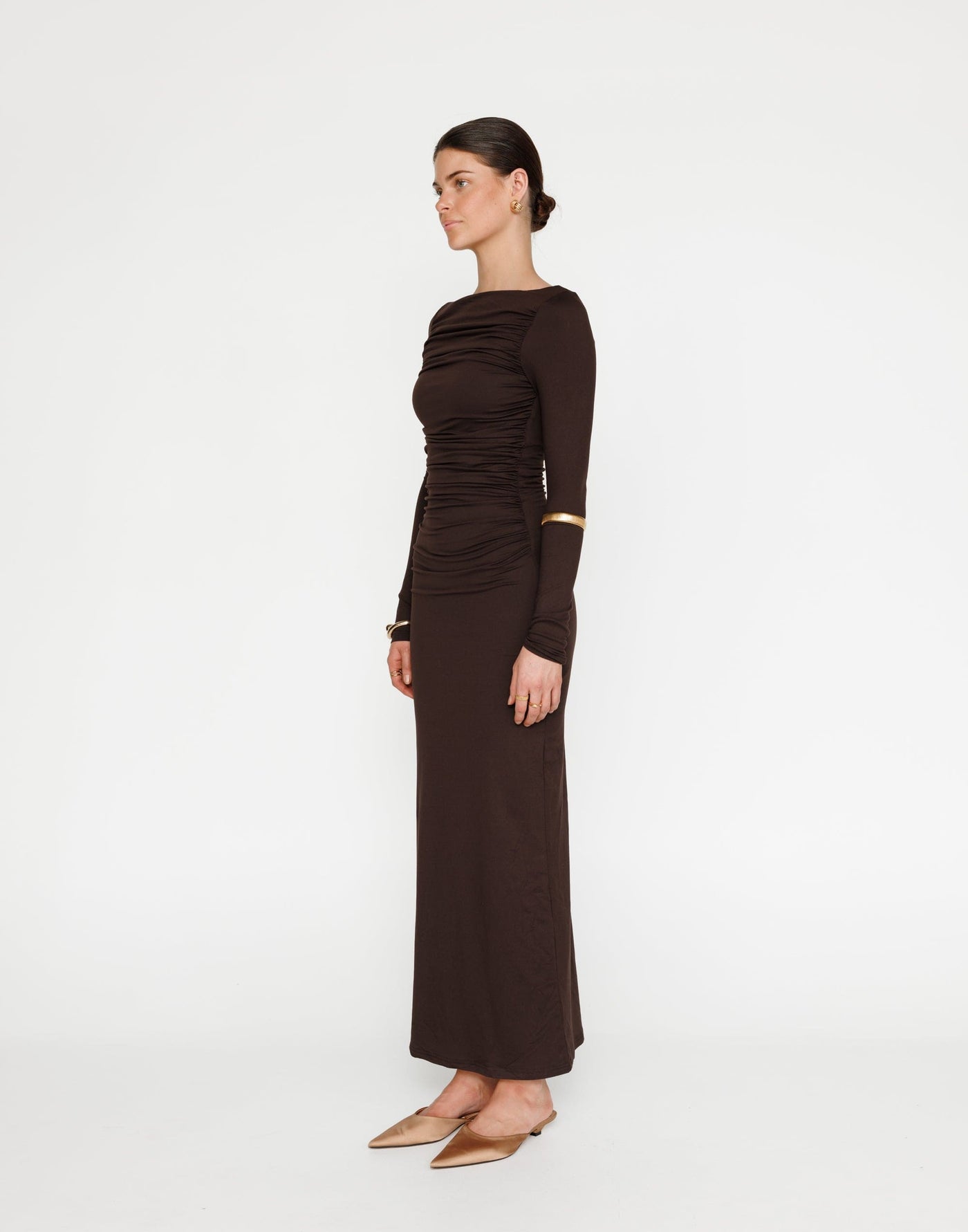 Natasha Maxi Dress (Chocolate) | CHARCOAL Exclusive - High Boatneck Bodycon Maxi Dress - Women's Dress - Charcoal Clothing