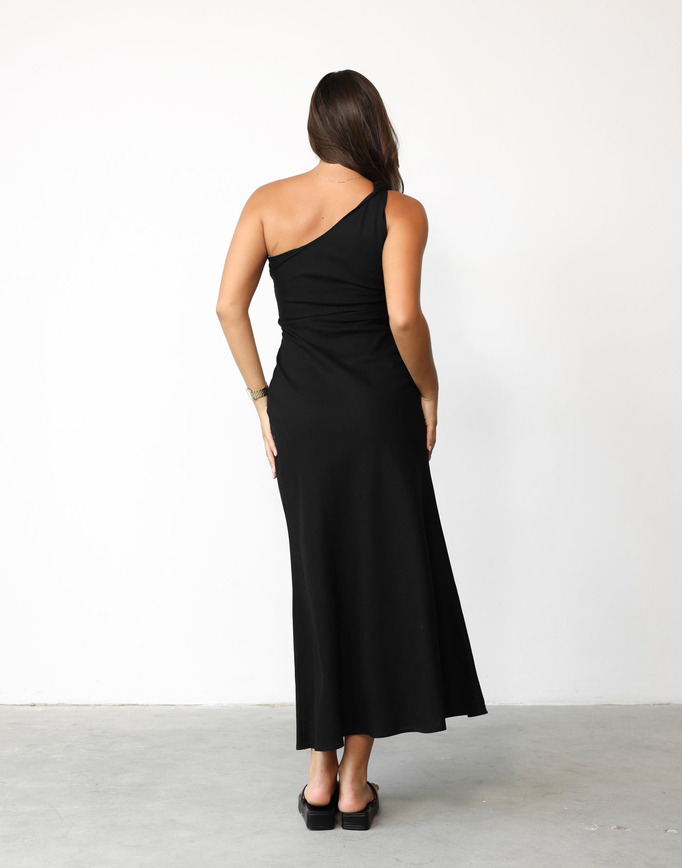 Rema Maxi Dress (Black) | CHARCOAL Exclusive - Asymmetrical Neckline Flared Skirt Linen Blend Maxi - Women's Dress - Charcoal Clothing