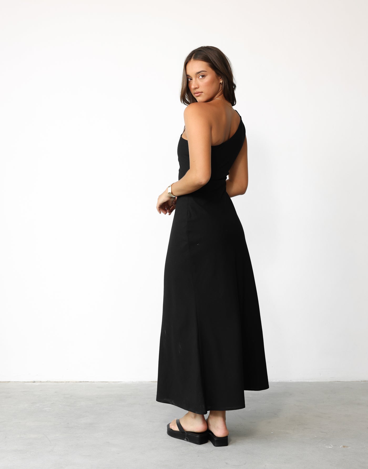 Rema Maxi Dress (Black) | CHARCOAL Exclusive - Asymmetrical Neckline Flared Skirt Linen Blend Maxi - Women's Dress - Charcoal Clothing