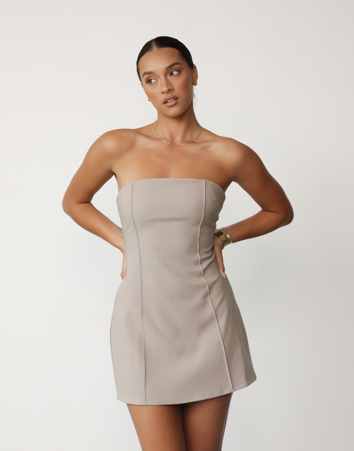 Roxanne Mini Dress (Ash) | CHARCOAL Exclusive - Flared Skirt Strapless Fitted Mini Dress - Women's Dress - Charcoal Clothing