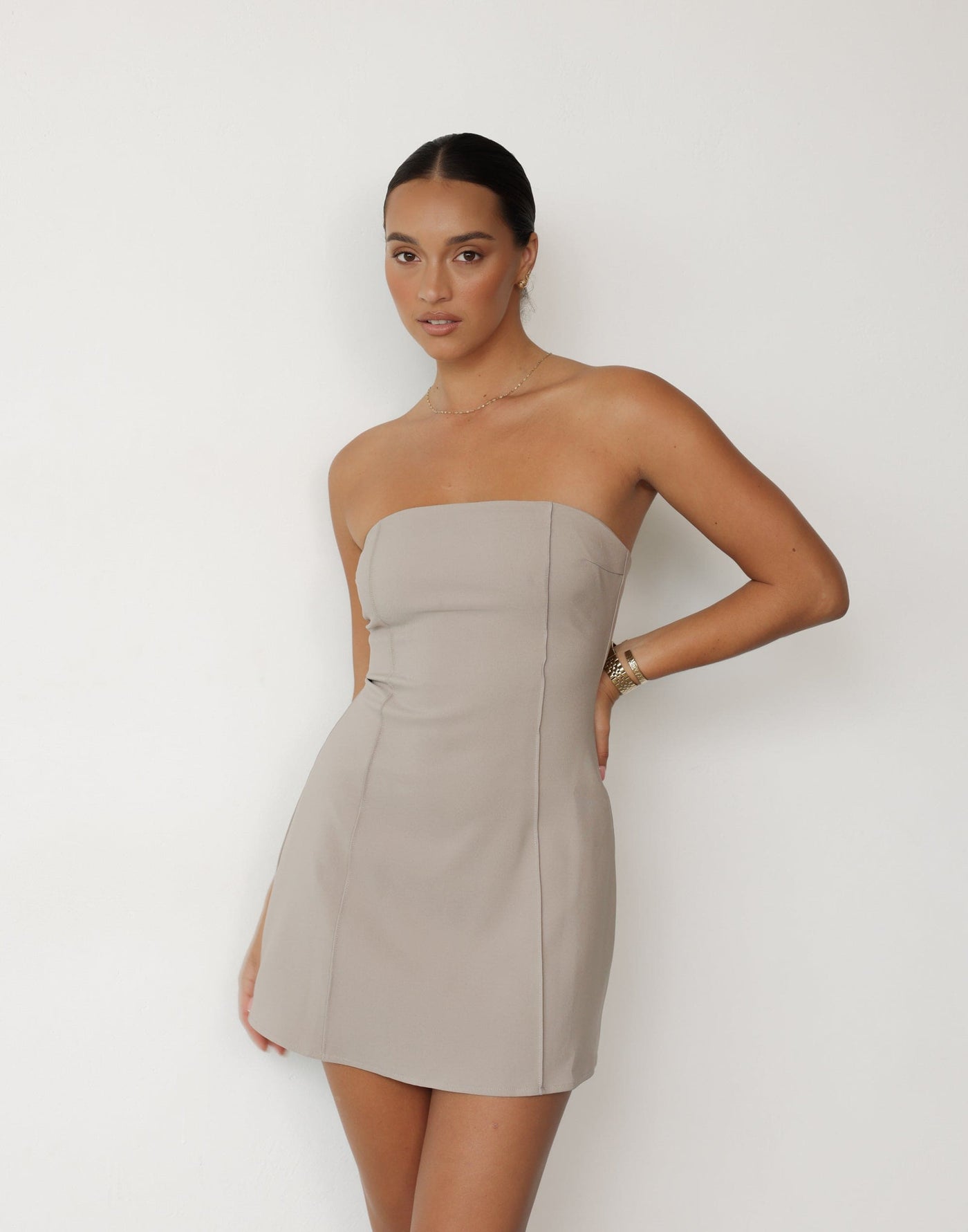 Roxanne Mini Dress (Ash) | CHARCOAL Exclusive - Flared Skirt Strapless Fitted Mini Dress - Women's Dress - Charcoal Clothing