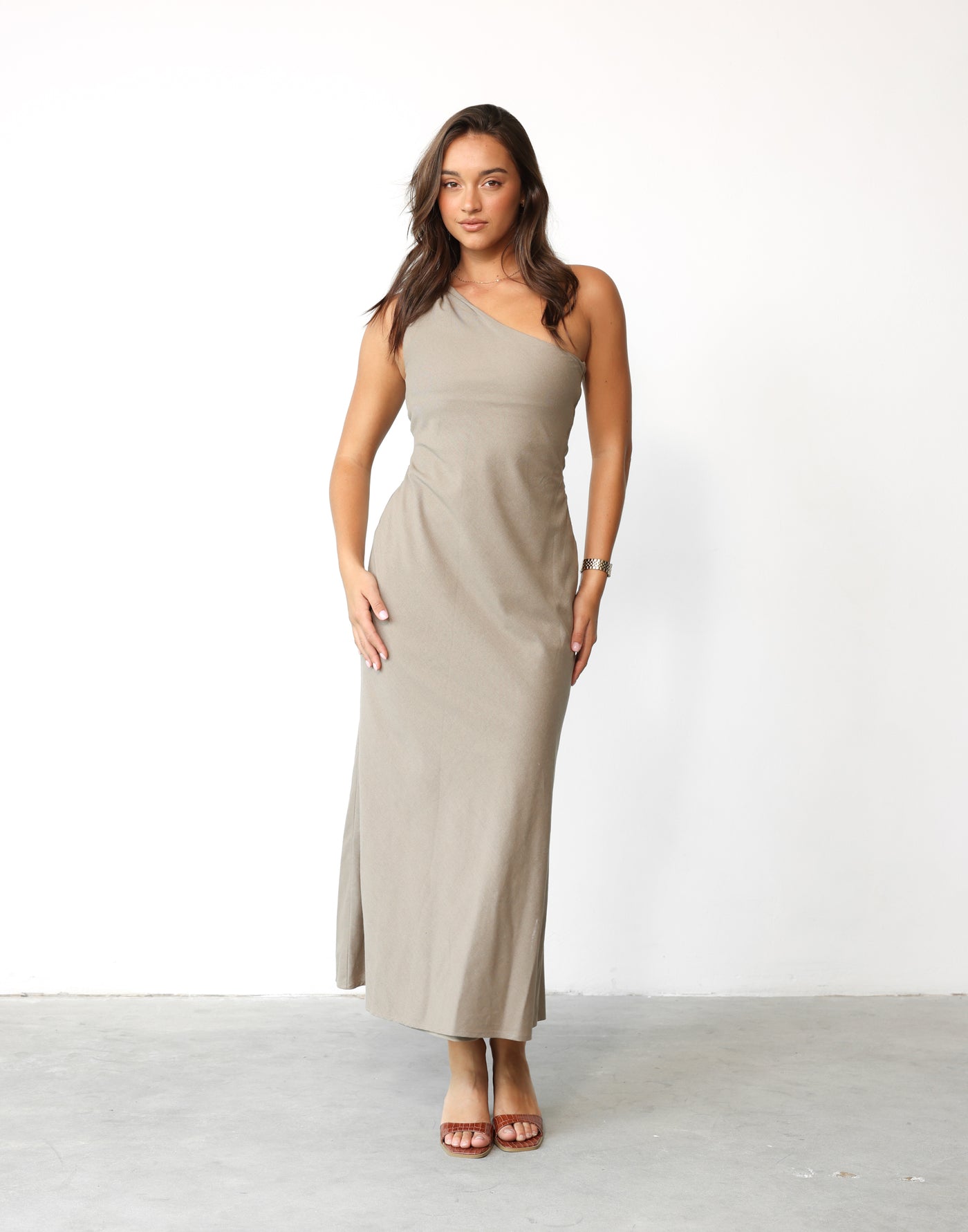 Rema Maxi Dress (Stone) | CHARCOAL Exclusive - Asymmetrical Neckline Flared Skirt Linen Blend Maxi - Women's Dress - Charcoal Clothing