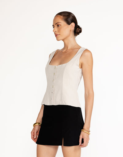 Joni Top (Latte) | CHARCOAL Exclusive - Rounded Neckline Button Closure Linen Top - Women's Top - Charcoal Clothing