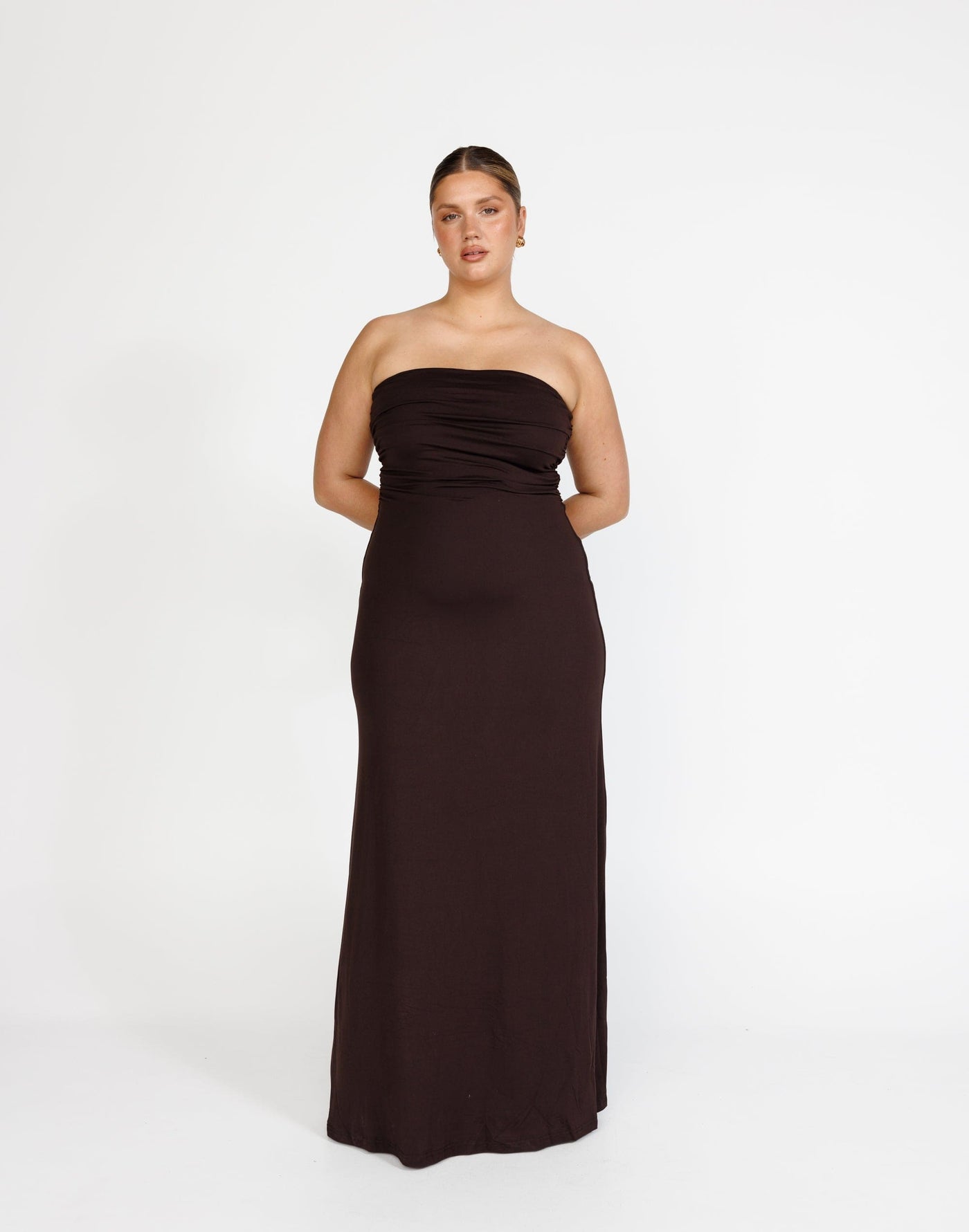 Sarie Maxi Dress (Chocolate) | CHARCOAL Exclusive - Strapless Bodycon Jersey Flared Hem Gathered Detail Maxi Dress - Women's Dress - Charcoal Clothing