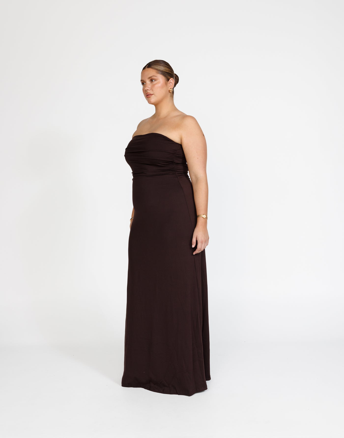 Sarie Maxi Dress (Chocolate) | CHARCOAL Exclusive - Strapless Bodycon Jersey Flared Hem Gathered Detail Maxi Dress - Women's Dress - Charcoal Clothing