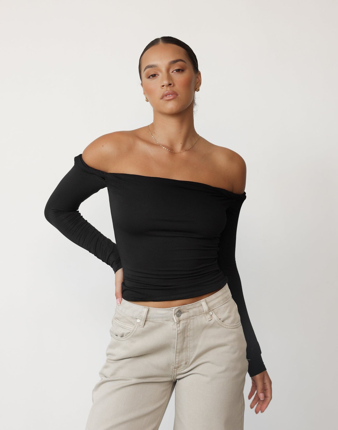 Katheryn Top (Black) | CHARCOAL Exclusive - Twisted Off Shoulder Neckline Long Sleeve Top - Women's Top - Charcoal Clothing