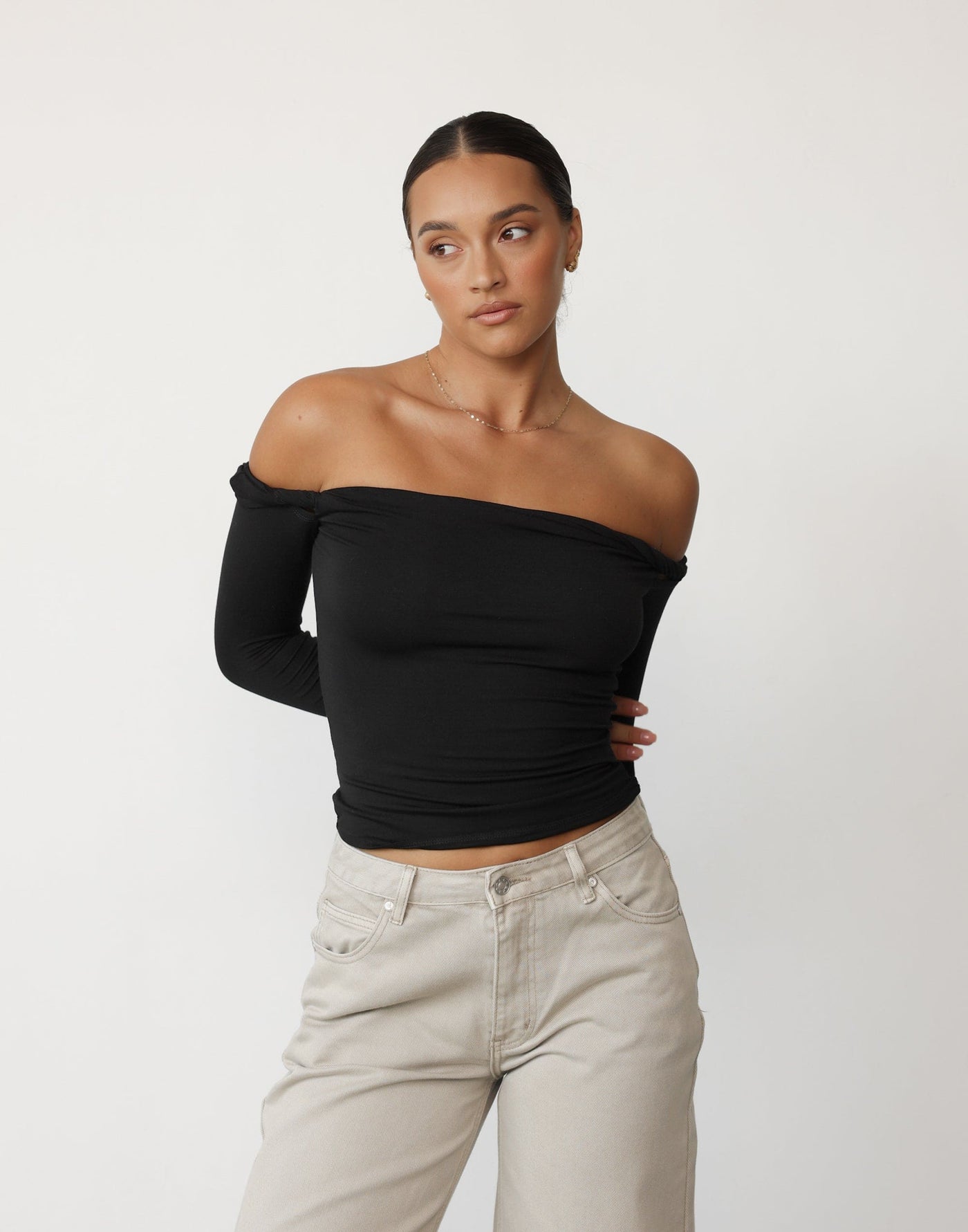 Katheryn Top (Black) | CHARCOAL Exclusive - Twisted Off Shoulder Neckline Long Sleeve Top - Women's Top - Charcoal Clothing