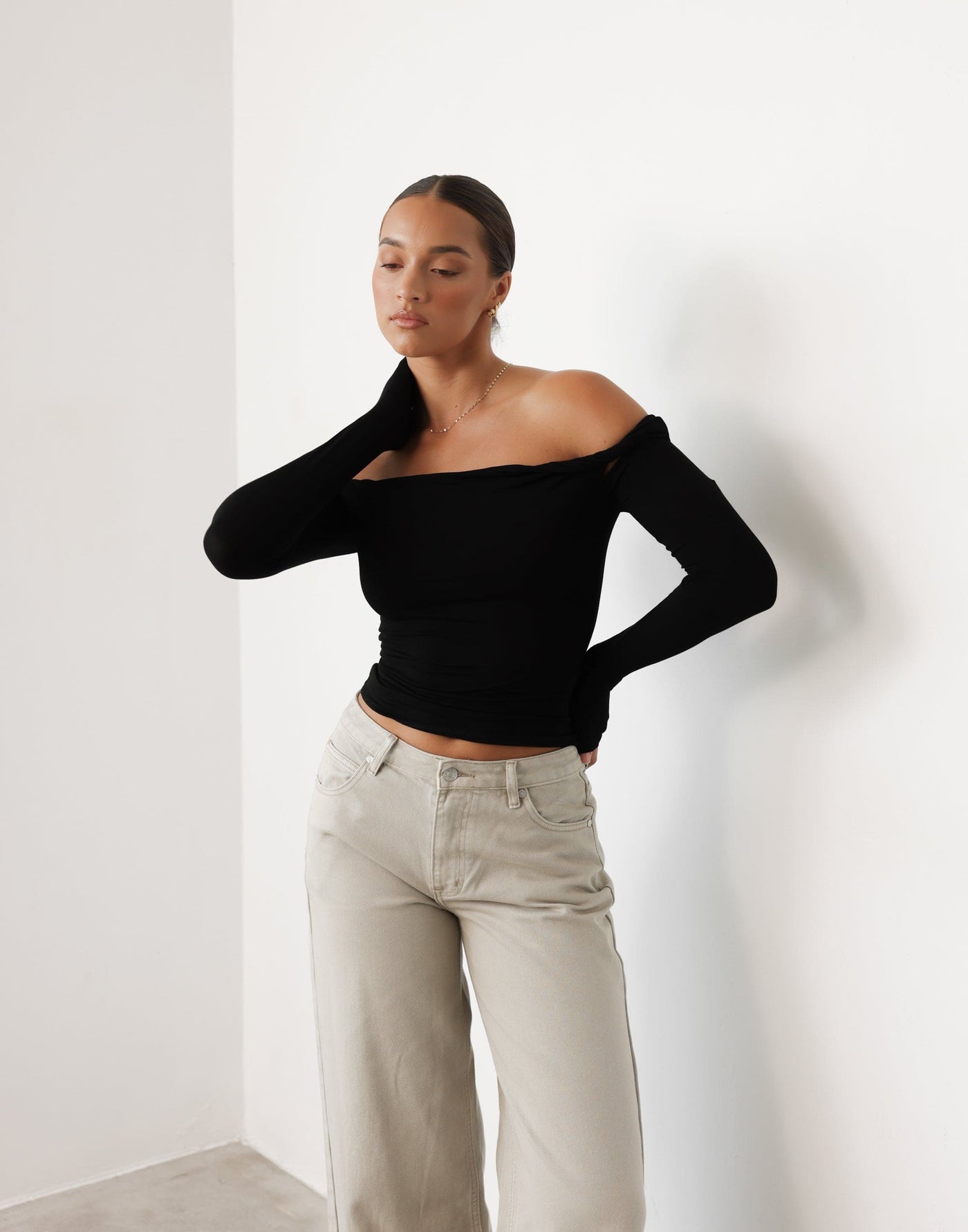 Katheryn Top (Black) | CHARCOAL Exclusive - Twisted Off Shoulder Neckline Long Sleeve Top - Women's Top - Charcoal Clothing