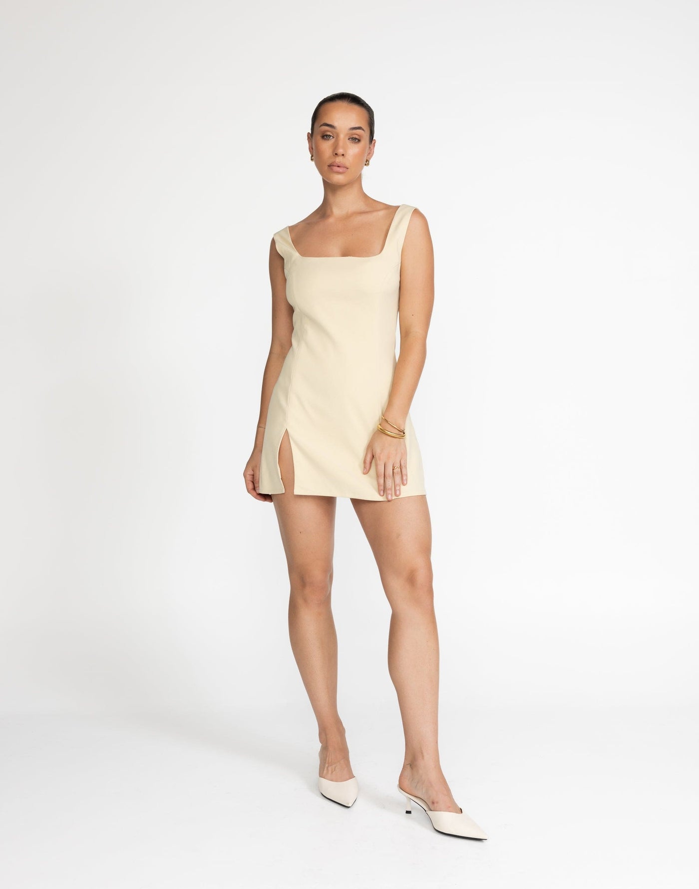 Doris Mini Dress (Buttermilk) | CHARCOAL Exclusive - Yellow Dart Detailing Mini - Women's Dress - Charcoal Clothing