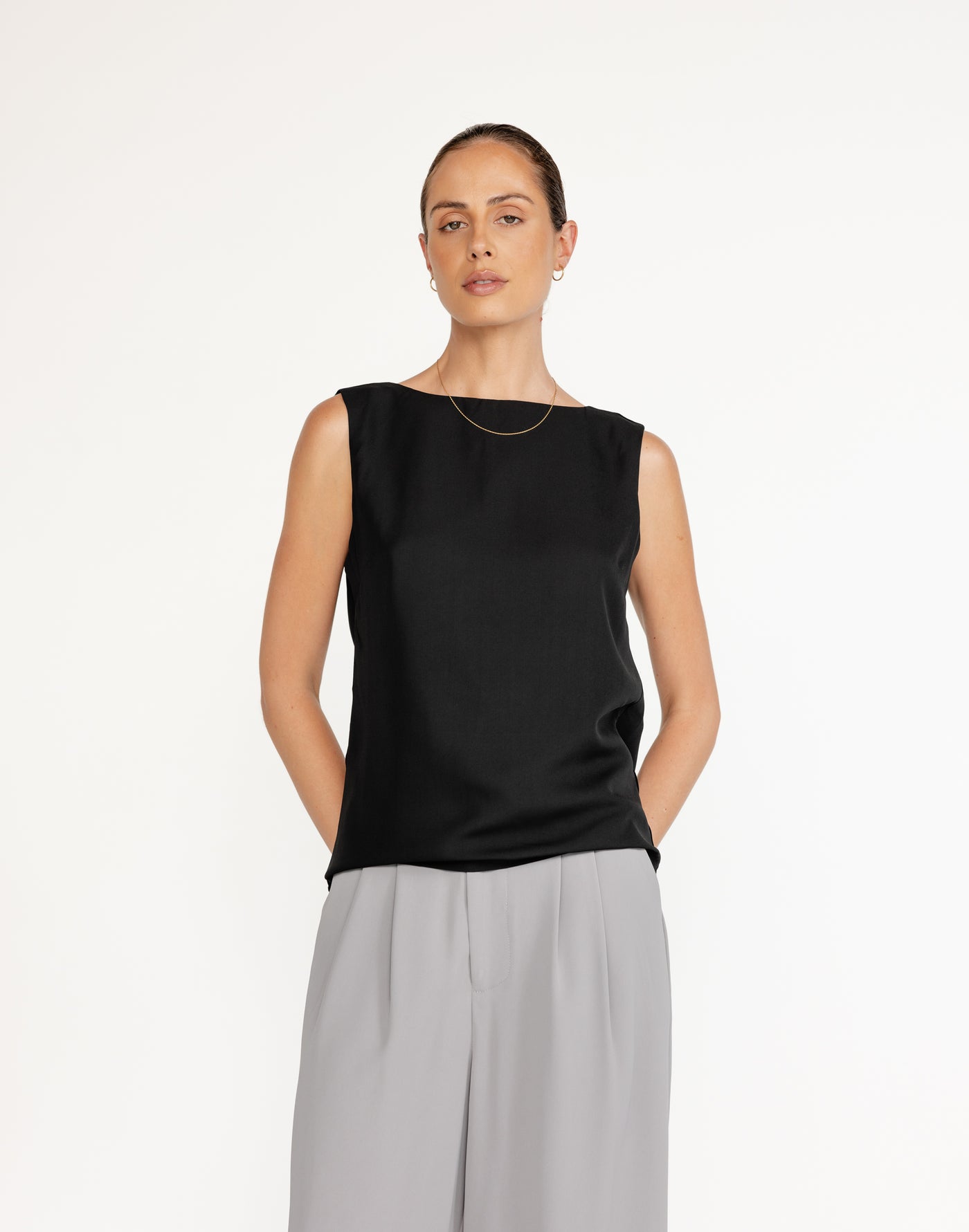 Riona Top (Black) | CHARCOAL Exclusive - Satin Cowl Open Back Relaxed Fit Top - Women's Top - Charcoal Clothing