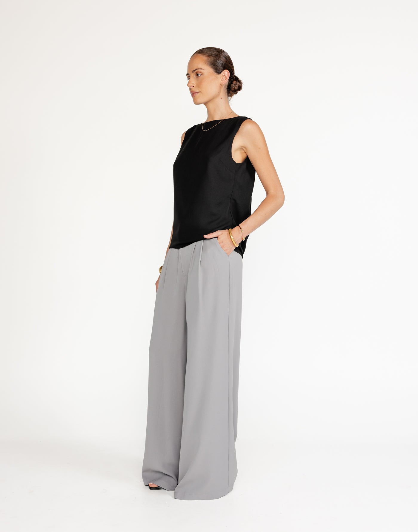 Riona Top (Black) | CHARCOAL Exclusive - Satin Cowl Open Back Relaxed Fit Top - Women's Top - Charcoal Clothing