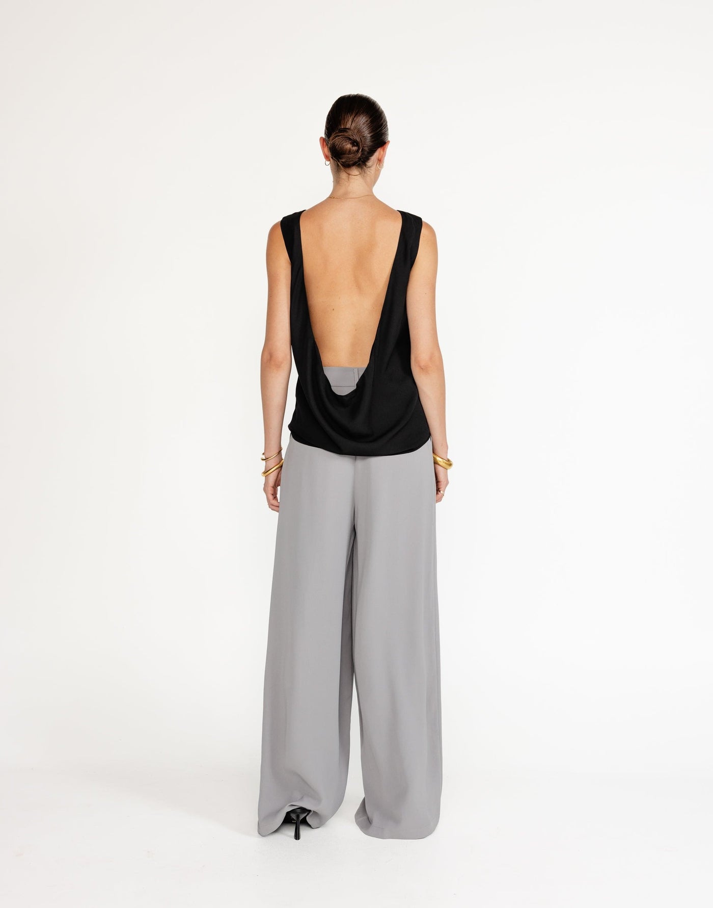 Riona Top (Black) | CHARCOAL Exclusive - Satin Cowl Open Back Relaxed Fit Top - Women's Top - Charcoal Clothing