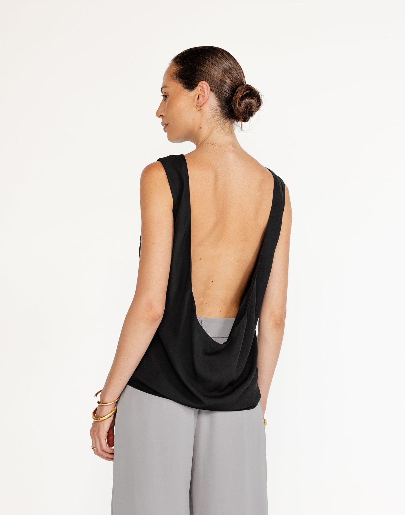 Riona Top (Black) | CHARCOAL Exclusive - Satin Cowl Open Back Relaxed Fit Top - Women's Top - Charcoal Clothing