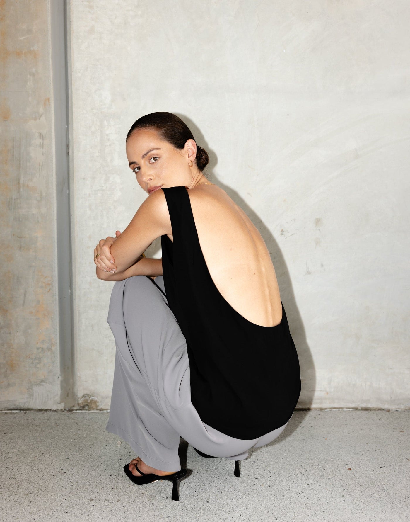 Riona Top (Black) | CHARCOAL Exclusive - Satin Cowl Open Back Relaxed Fit Top - Women's Top - Charcoal Clothing