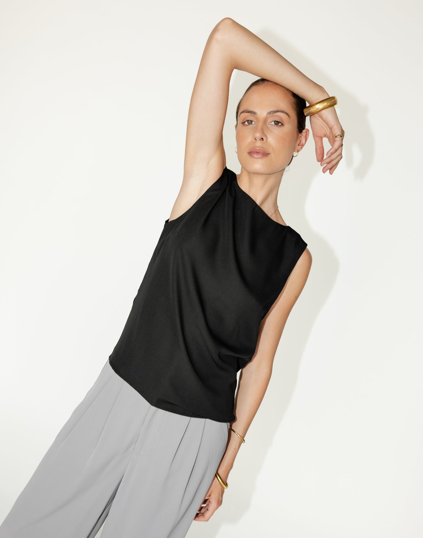 Riona Top (Black) | CHARCOAL Exclusive - Satin Cowl Open Back Relaxed Fit Top - Women's Top - Charcoal Clothing