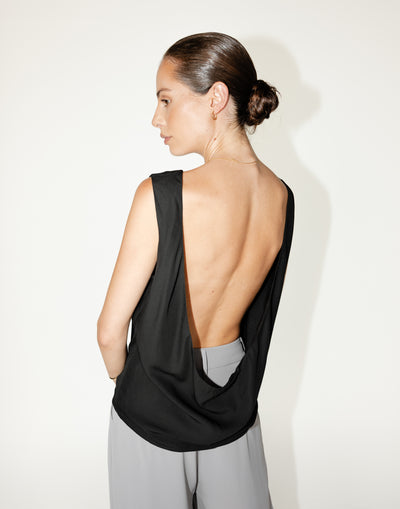 Riona Top (Black) | CHARCOAL Exclusive - Satin Cowl Open Back Relaxed Fit Top - Women's Top - Charcoal Clothing