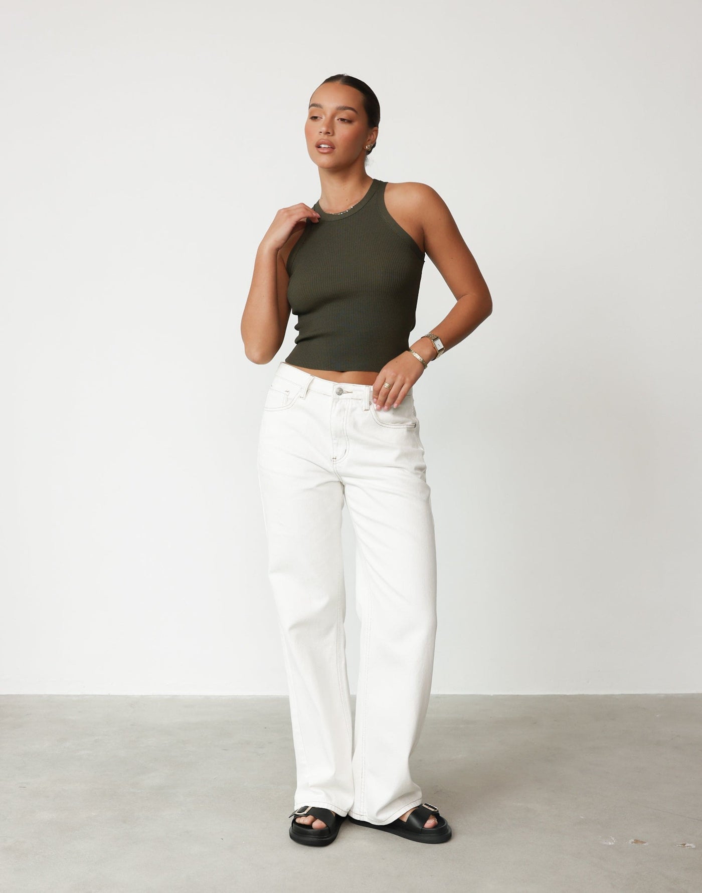 Cassidy Tank Top (Khaki) - Basic Ribbed Tank Top - Women's Top - Charcoal Clothing