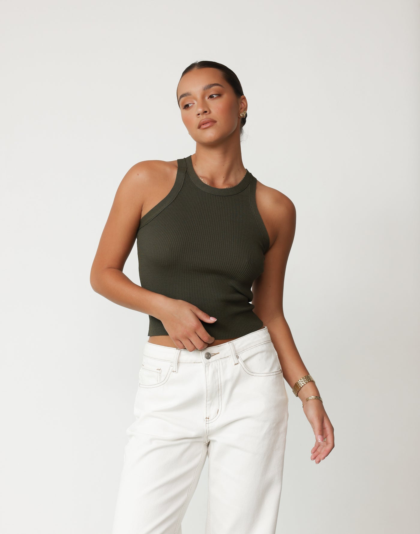 Cassidy Tank Top (Khaki) - Basic Ribbed Tank Top - Women's Top - Charcoal Clothing