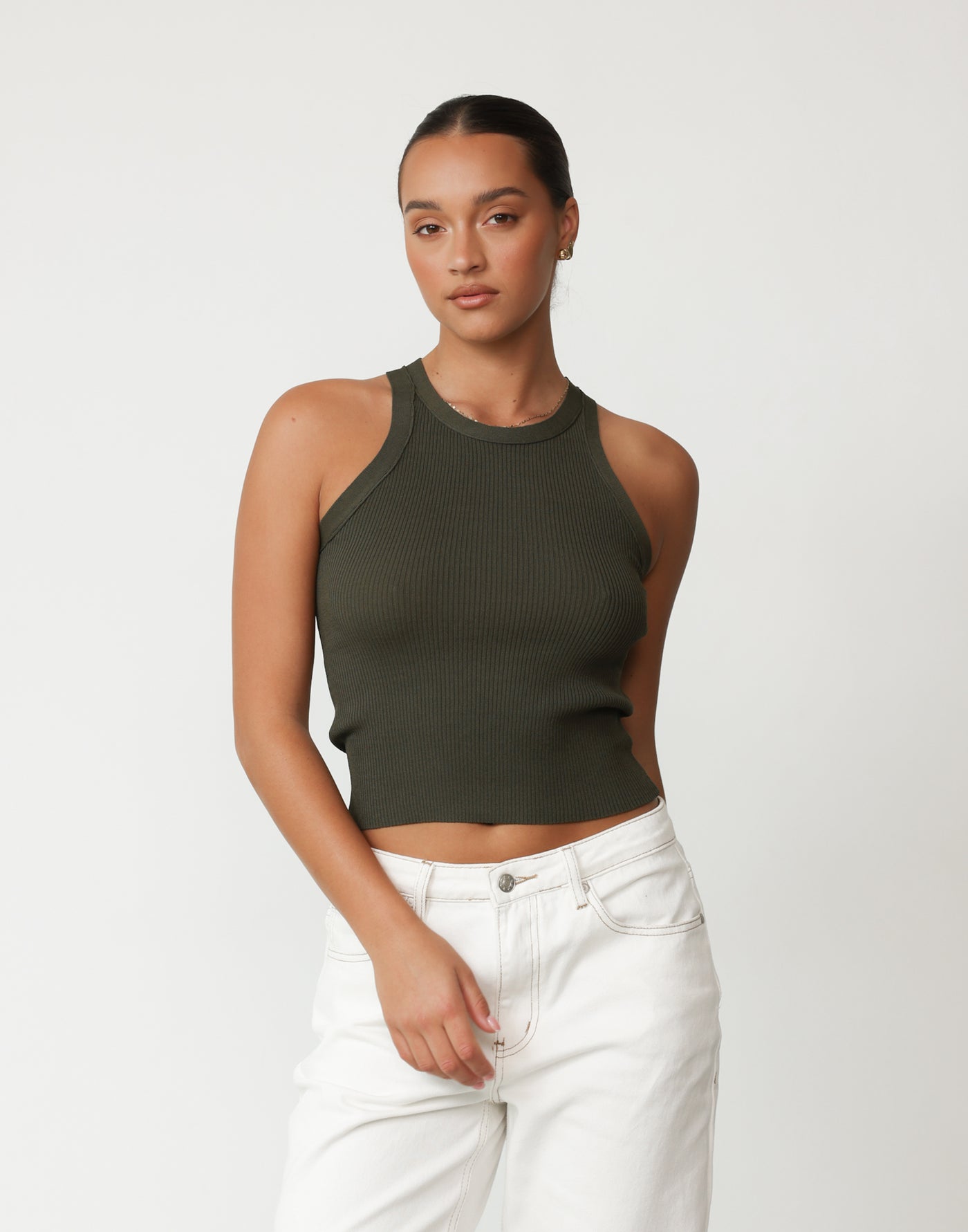 Cassidy Tank Top (Khaki) - Basic Ribbed Tank Top - Women's Top - Charcoal Clothing