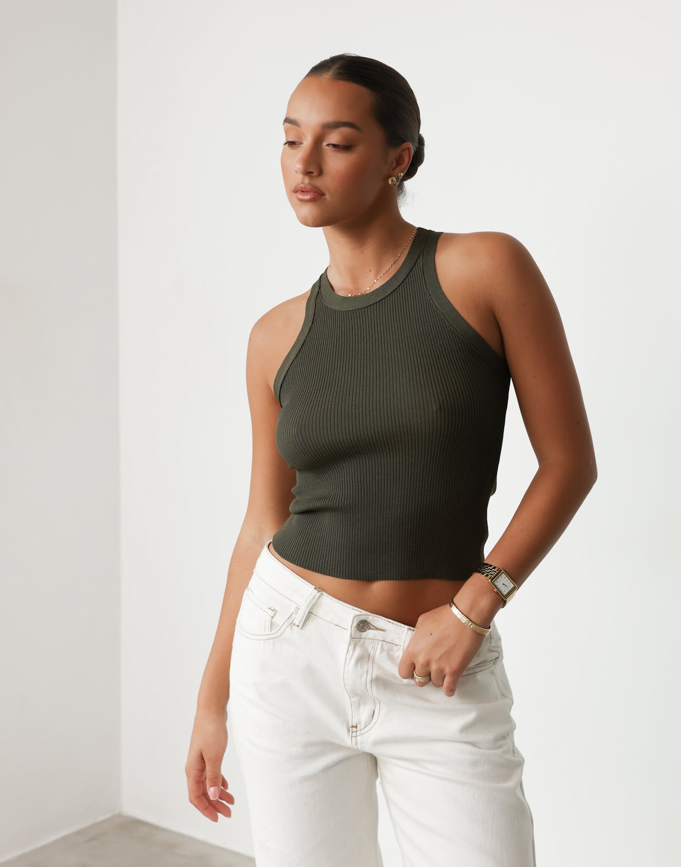 Cassidy Tank Top (Khaki) - Basic Ribbed Tank Top - Women's Top - Charcoal Clothing