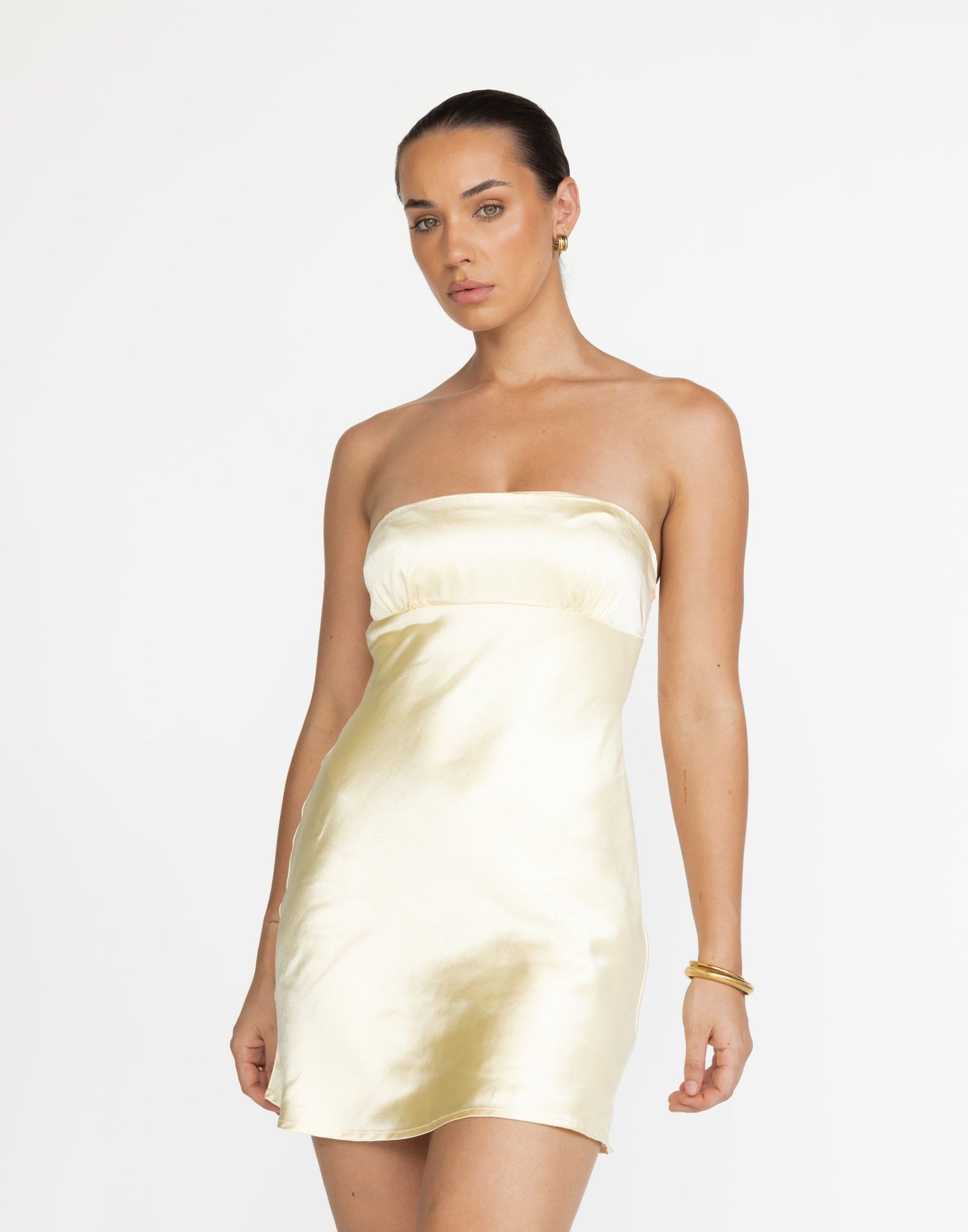 Loren Mini Dress (Lemon) | CHARCOAL Exclusive - Satin Strapless Mini - Women's Dress - Charcoal Clothing