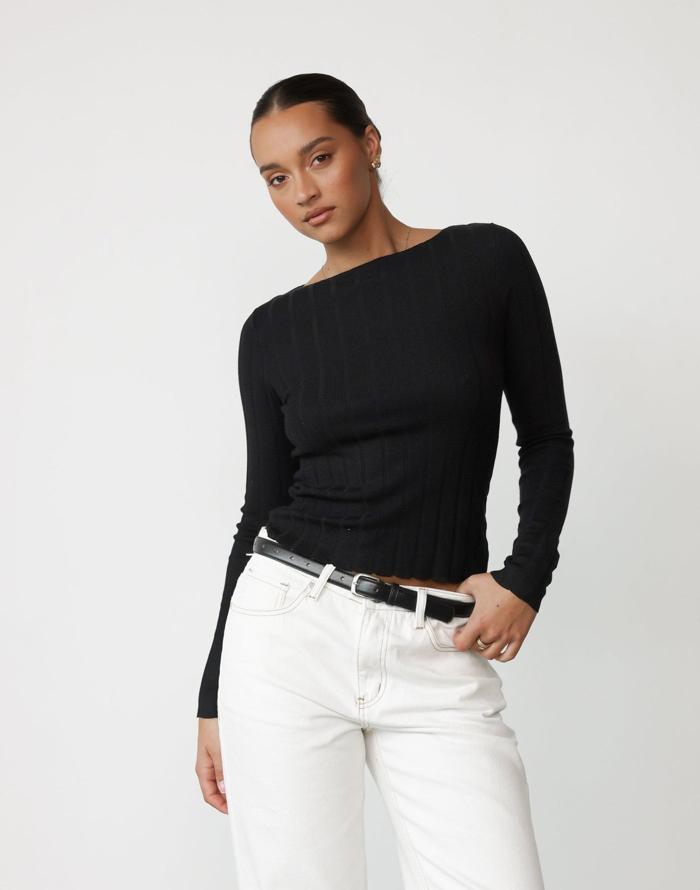 Kristel Top (Black) - Ribbed Detail Scallop Edge Long Sleeve Top - Women's Top - Charcoal Clothing