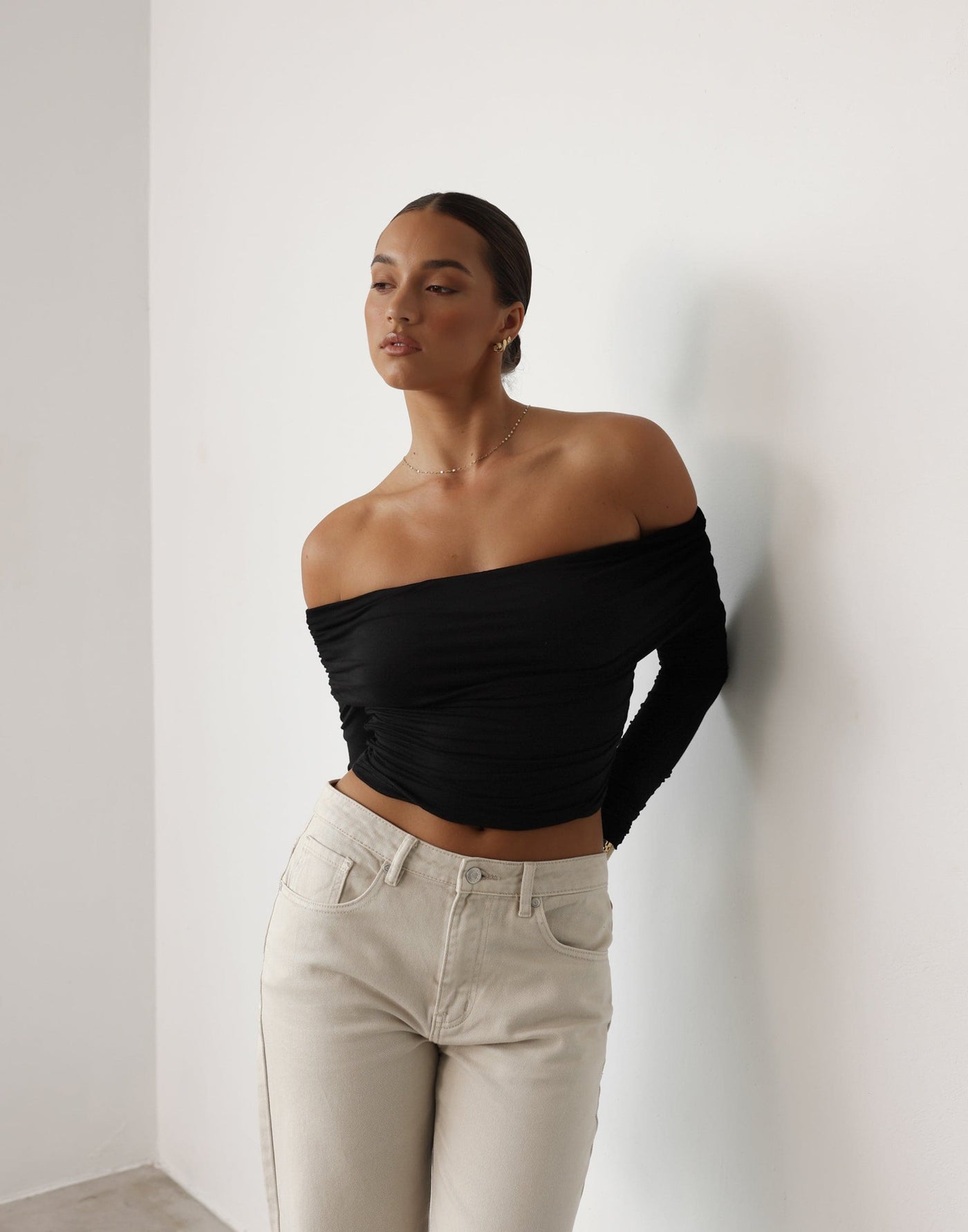 Viviane Top (Black) | CHARCOAL Exclusive - Off Shoulder Bodycon Fold Over Top - Women's Top - Charcoal Clothing