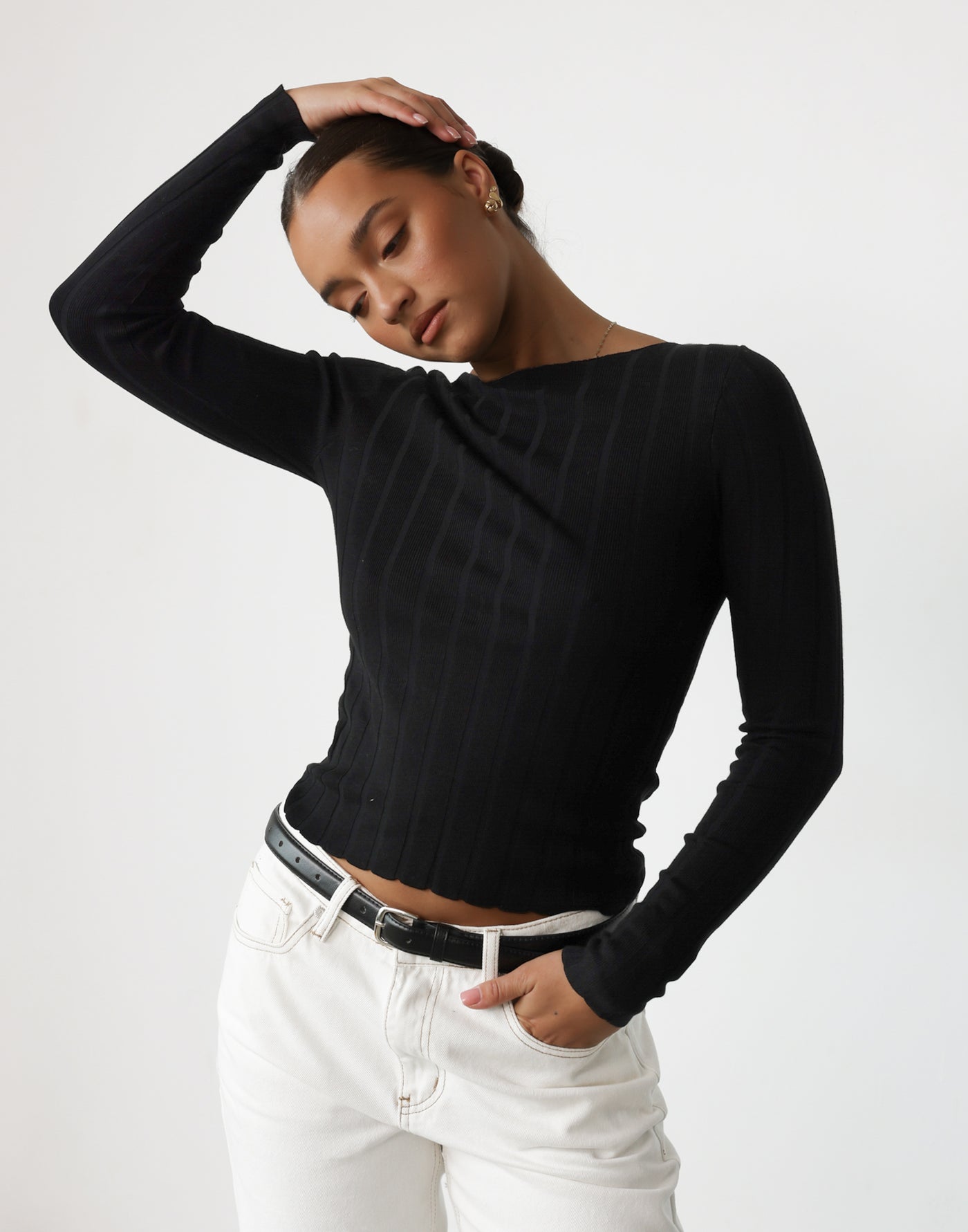 Kristel Top (Black) - Ribbed Detail Scallop Edge Long Sleeve Top - Women's Top - Charcoal Clothing