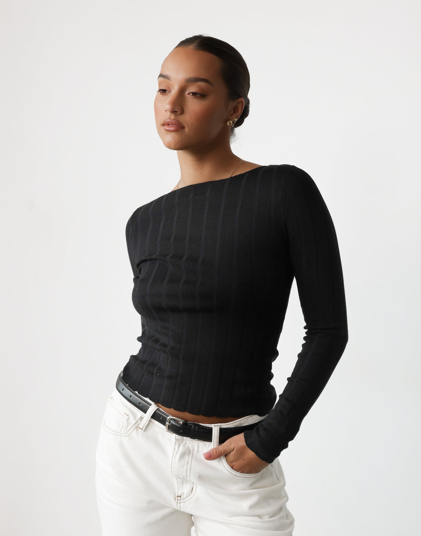 Kristel Top (Black) - Ribbed Detail Scallop Edge Long Sleeve Top - Women's Top - Charcoal Clothing