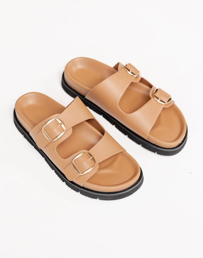 Areli Slides (Light Cashew) - By Billini - Dual Strap Flat Sole Slides - Women's Shoes - Charcoal Clothing