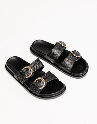 Wilmer Slides (Black Raffia) - By Billini - Dual Strap Flat Sole Slides - Women's Shoes - Charcoal Clothing