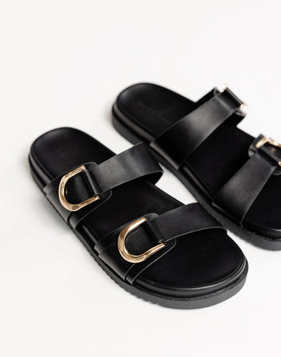 Areli Slides (Black) - By Billini - Dual Strap Flat Sole Slides - Women's Shoes - Charcoal Clothing