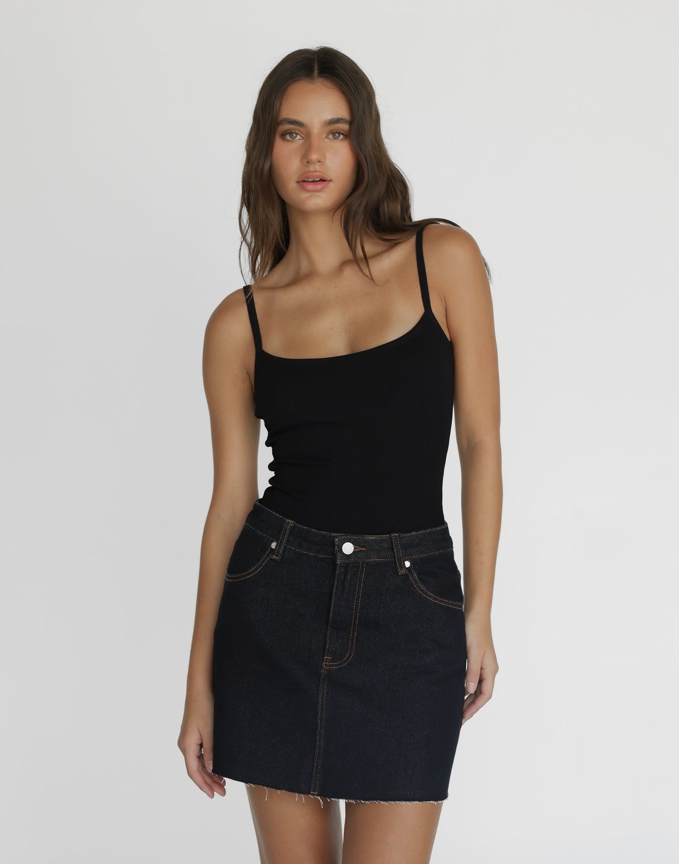 Rowan Denim Mini Skirt (Midnight) | CHARCOAL Exclusive - High Waisted Raw Edge Hem Mini Skirt - Women's Skirt - Charcoal Clothing