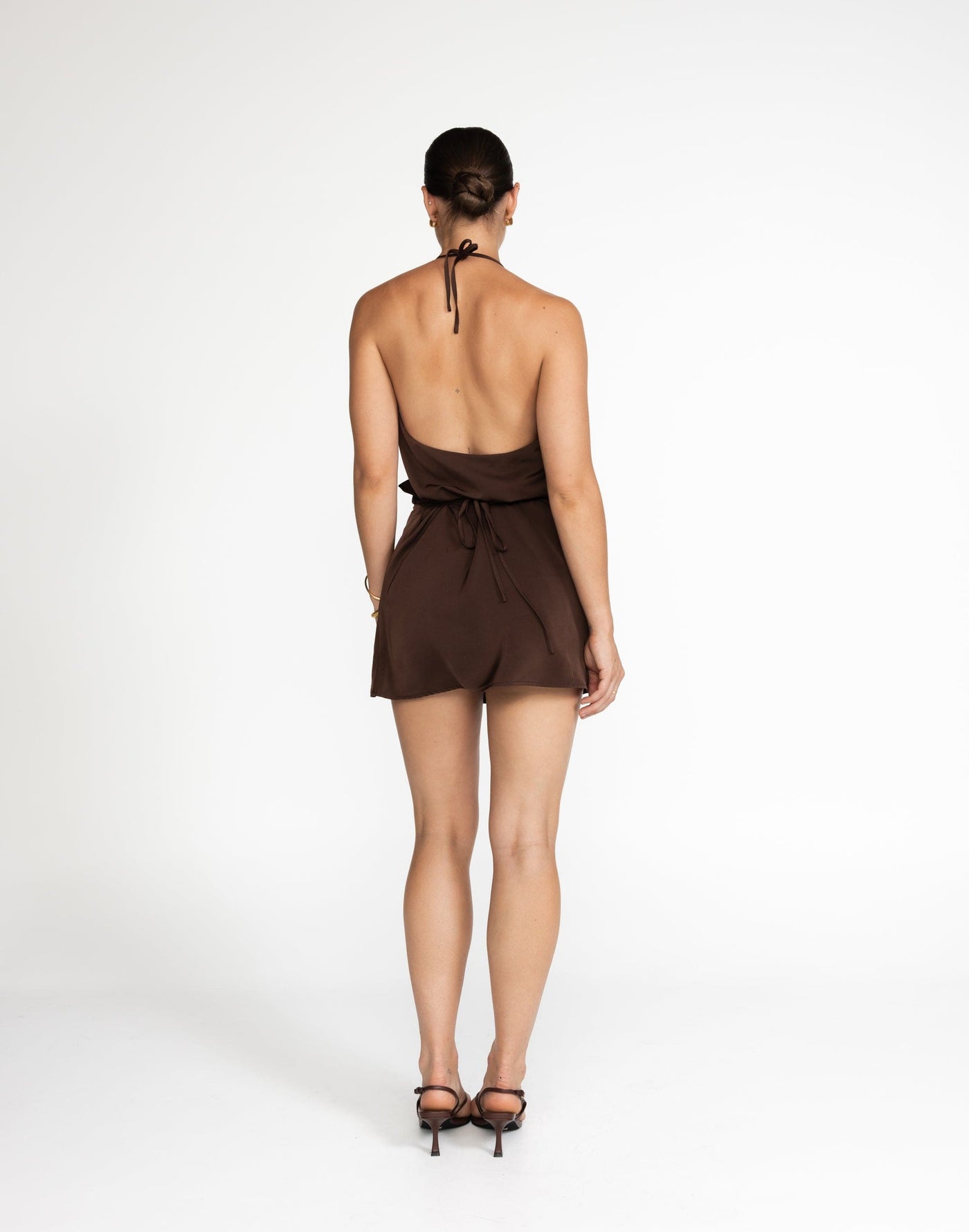 Cabaret Mini Dress (Cocoa) | CHARCOAL Exclusive - Brown Halter Mini Dress - Women's Dress - Charcoal Clothing