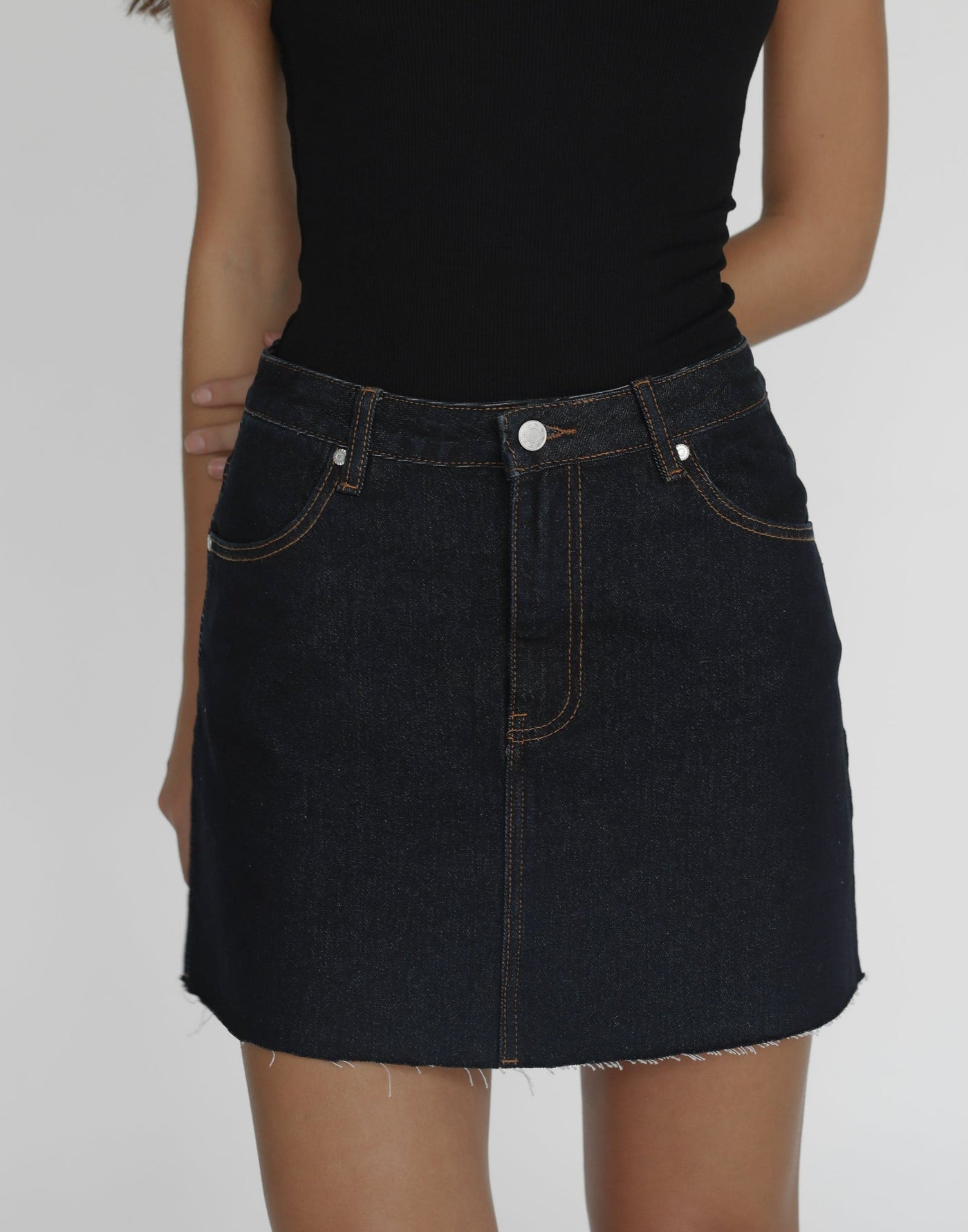 Rowan Denim Mini Skirt (Midnight) | CHARCOAL Exclusive - High Waisted Raw Edge Hem Mini Skirt - Women's Skirt - Charcoal Clothing