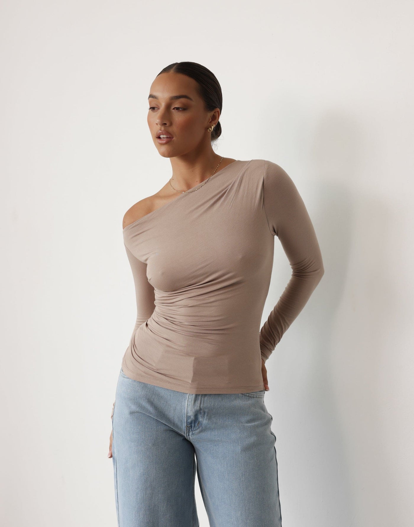 Imani Top (Ash) | CHARCOAL Exclusive - Gathered Bodycon Long Sleeve Asymmetrical Top - Women's Top - Charcoal Clothing