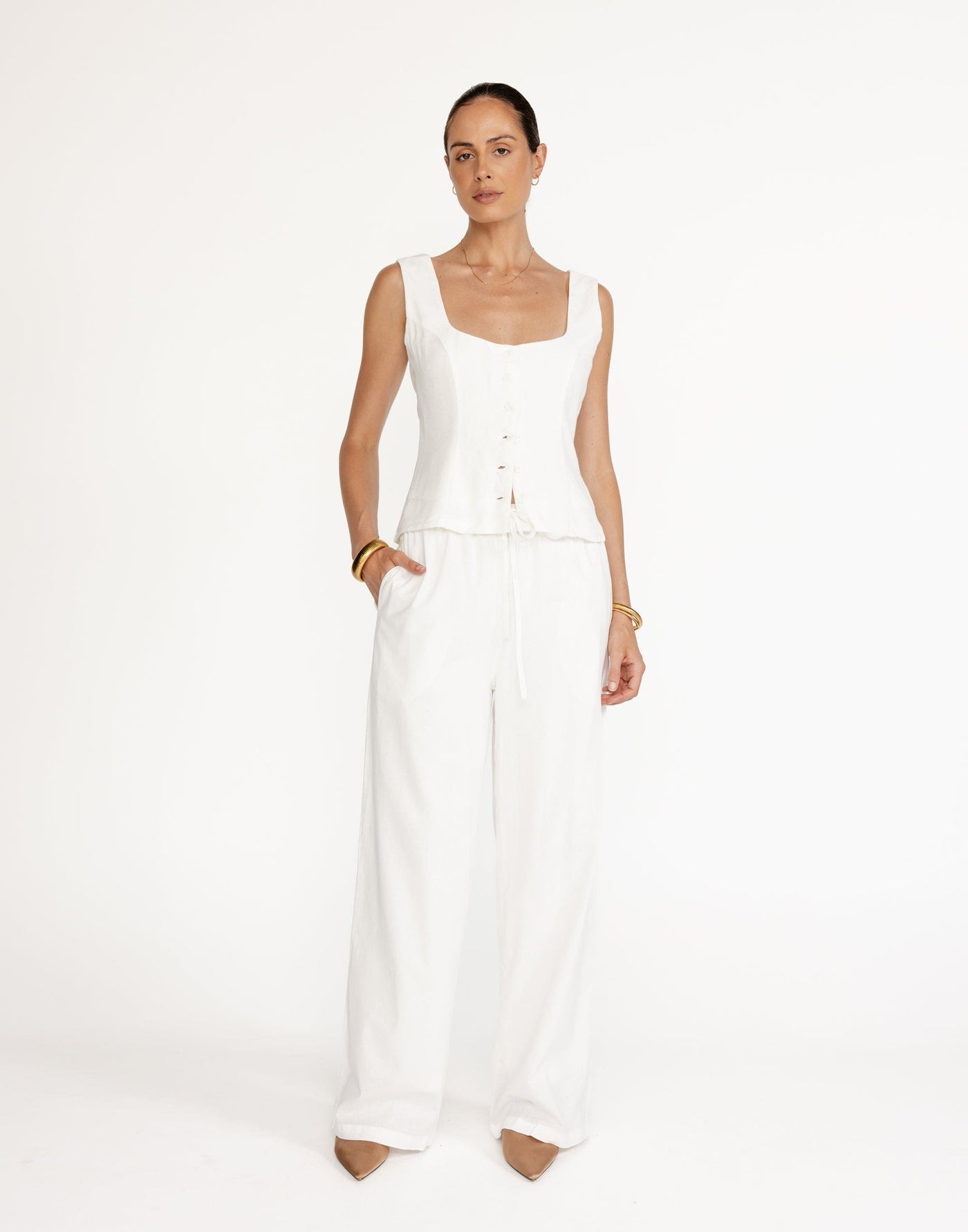 Archie Pants (White) - White Linen Elasticated Tie Up Pants - Women's Pants - Charcoal Clothing