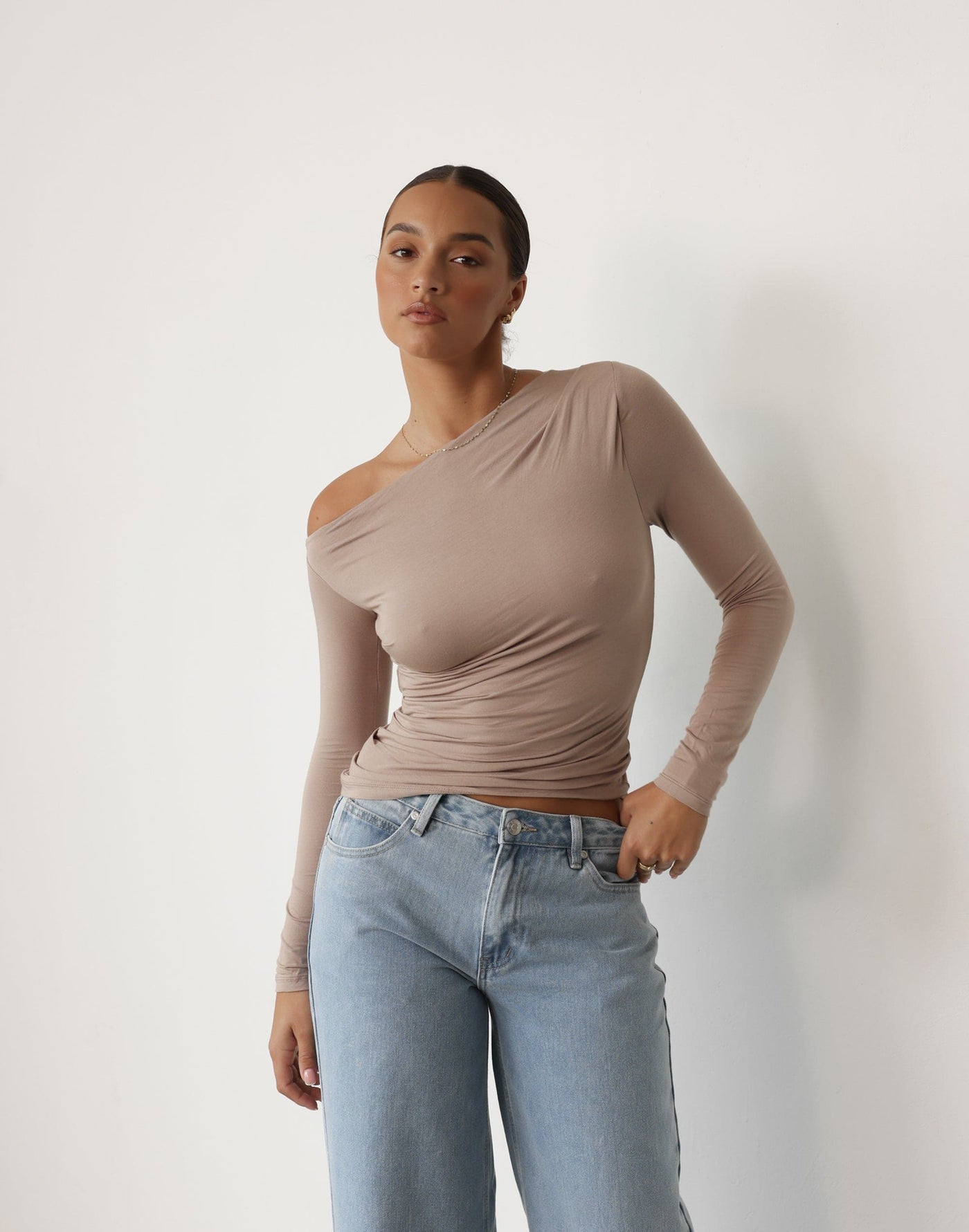 Imani Top (Ash) | CHARCOAL Exclusive - Gathered Bodycon Long Sleeve Asymmetrical Top - Women's Top - Charcoal Clothing