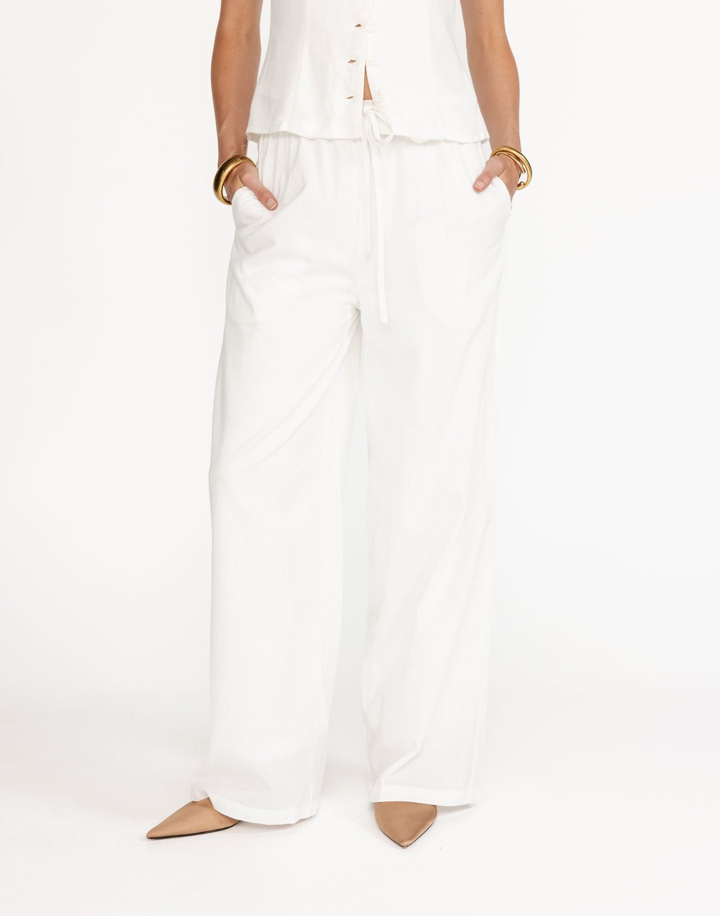 Archie Pants (White) - White Linen Elasticated Tie Up Pants - Women's Pants - Charcoal Clothing