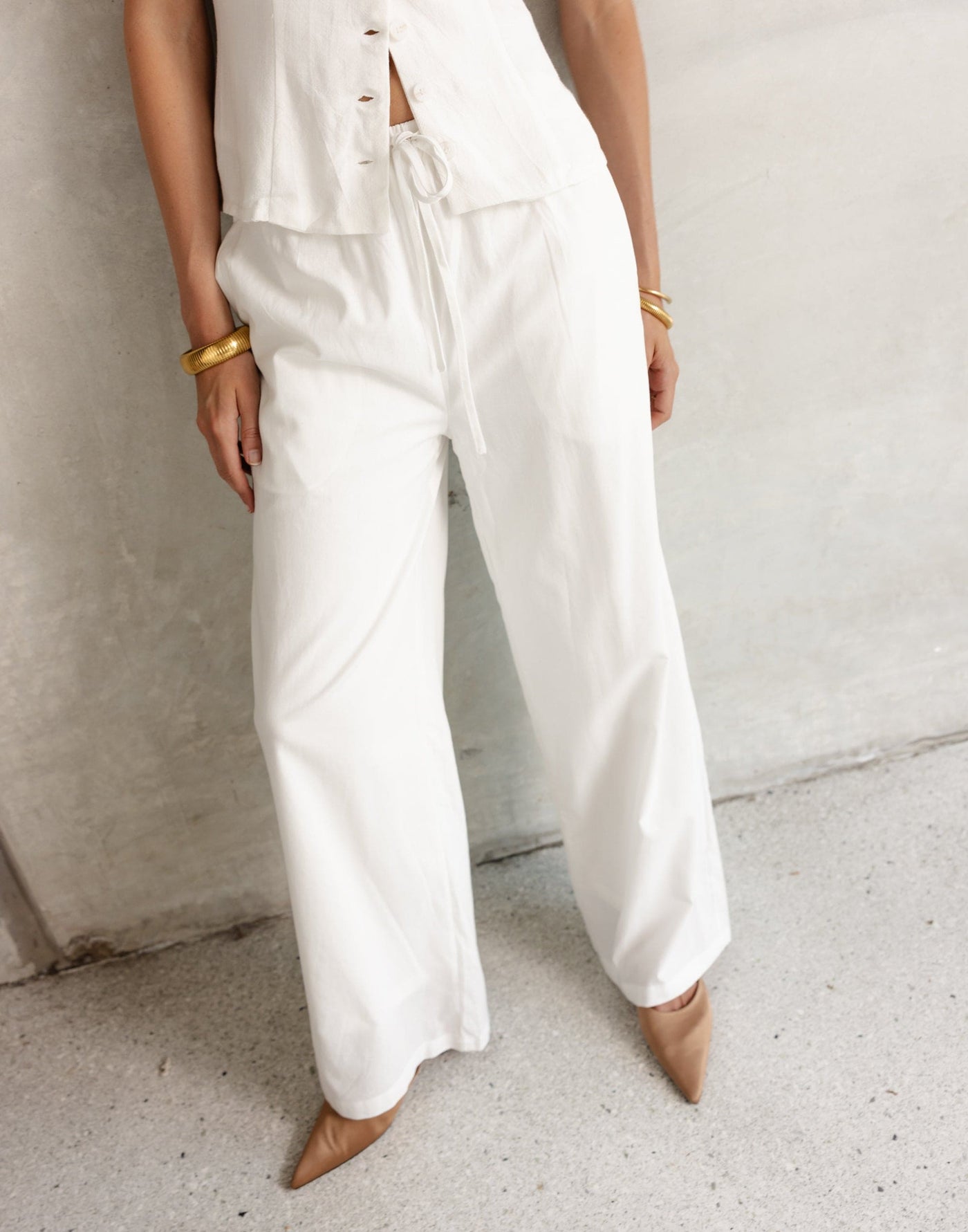 Archie Pants (White) - White Linen Elasticated Tie Up Pants - Women's Pants - Charcoal Clothing