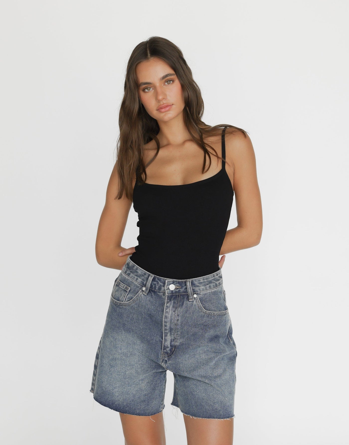 Jordan Denim Shorts (Faded) | CHARCOAL Exclusive - Wide Leg Button Closure Short - Women's Shorts - Charcoal Clothing