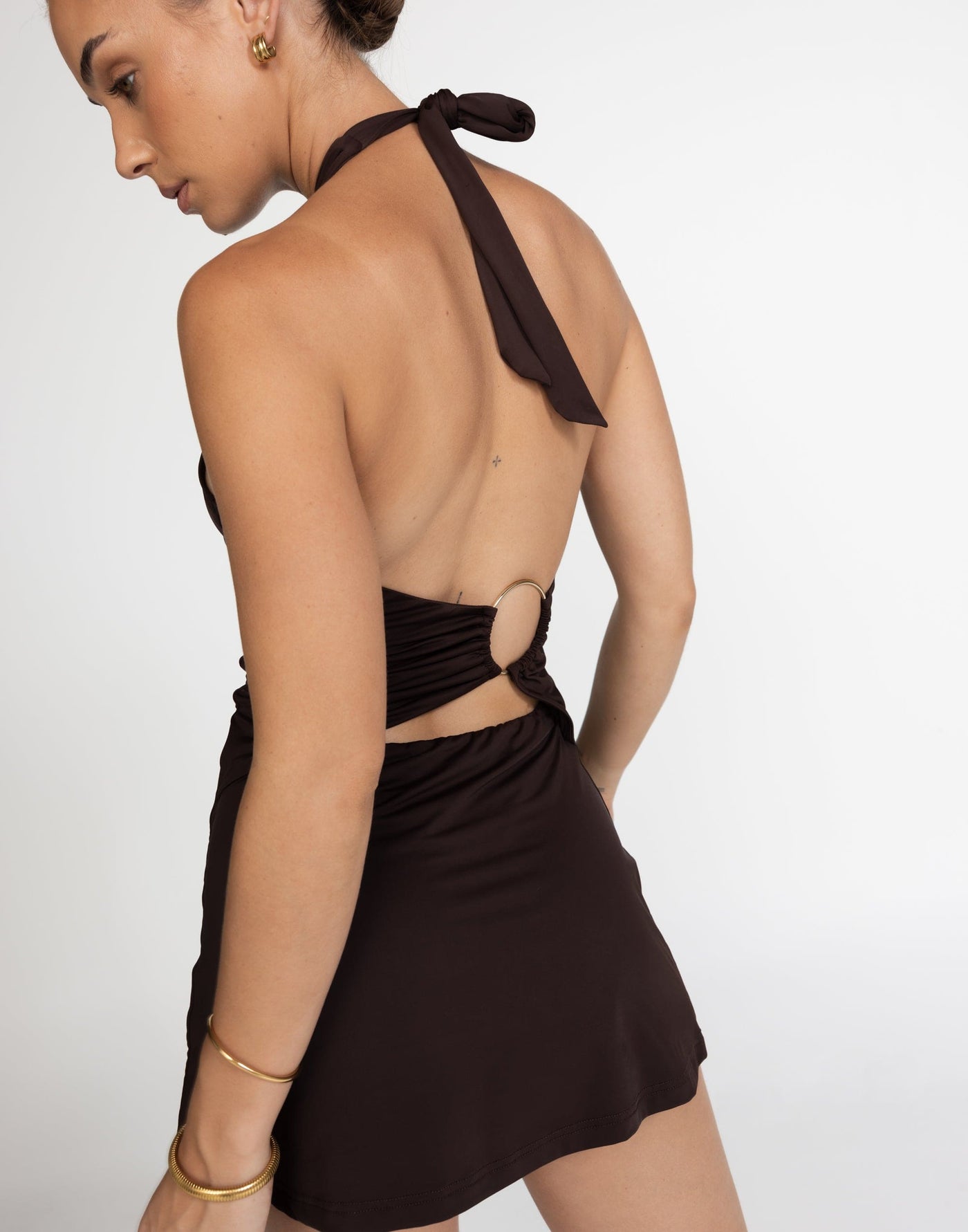 Speakeasy Mini Dress (Cocoa) | CHARCOAL Exclusive - Tie Up Halter, Gold Backless Detailing - Women's Dress - Charcoal Clothing